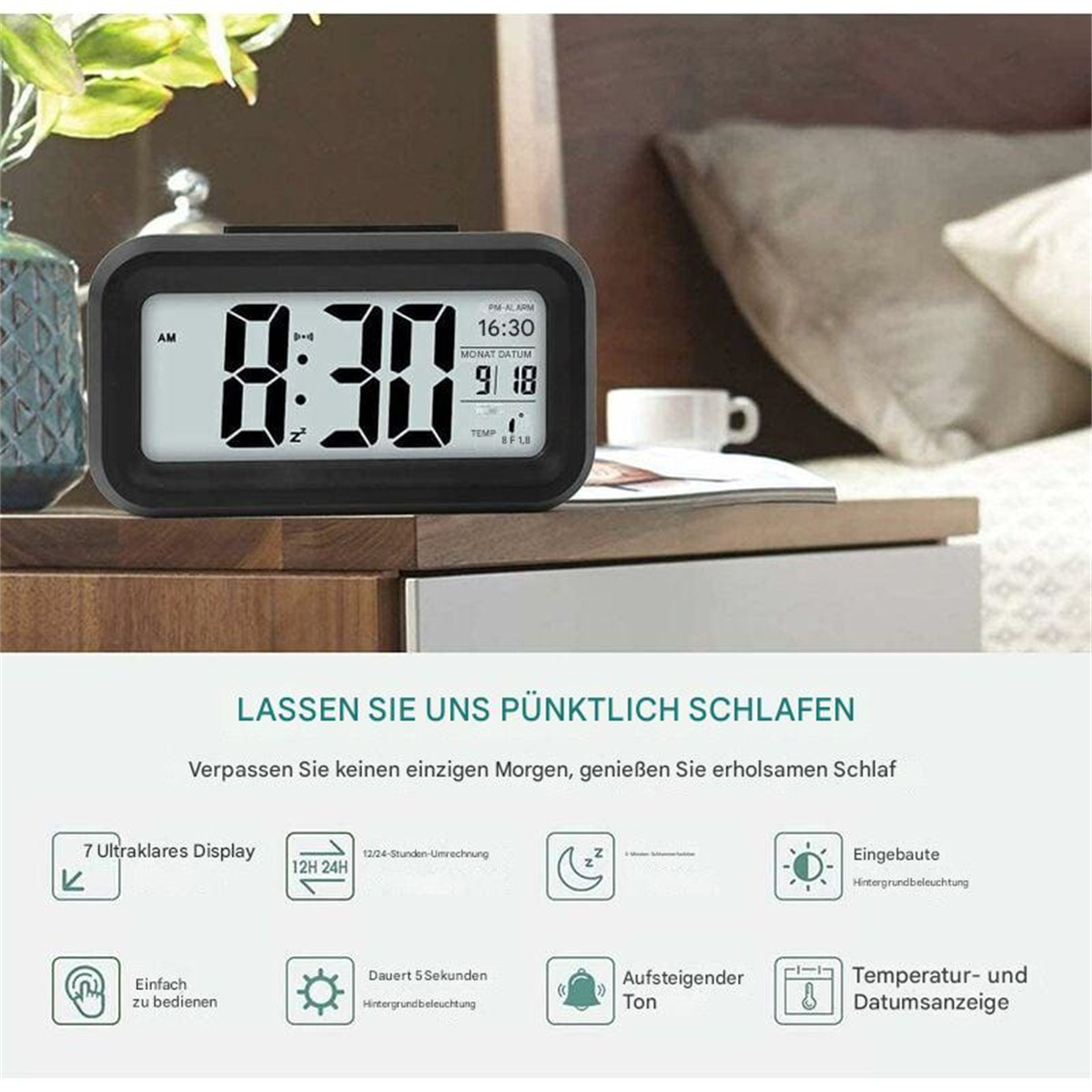 Digitaler Wecker mit 8:30 und Datum. Symbole, die Funktionen wie Anzeige und Ton angeben.