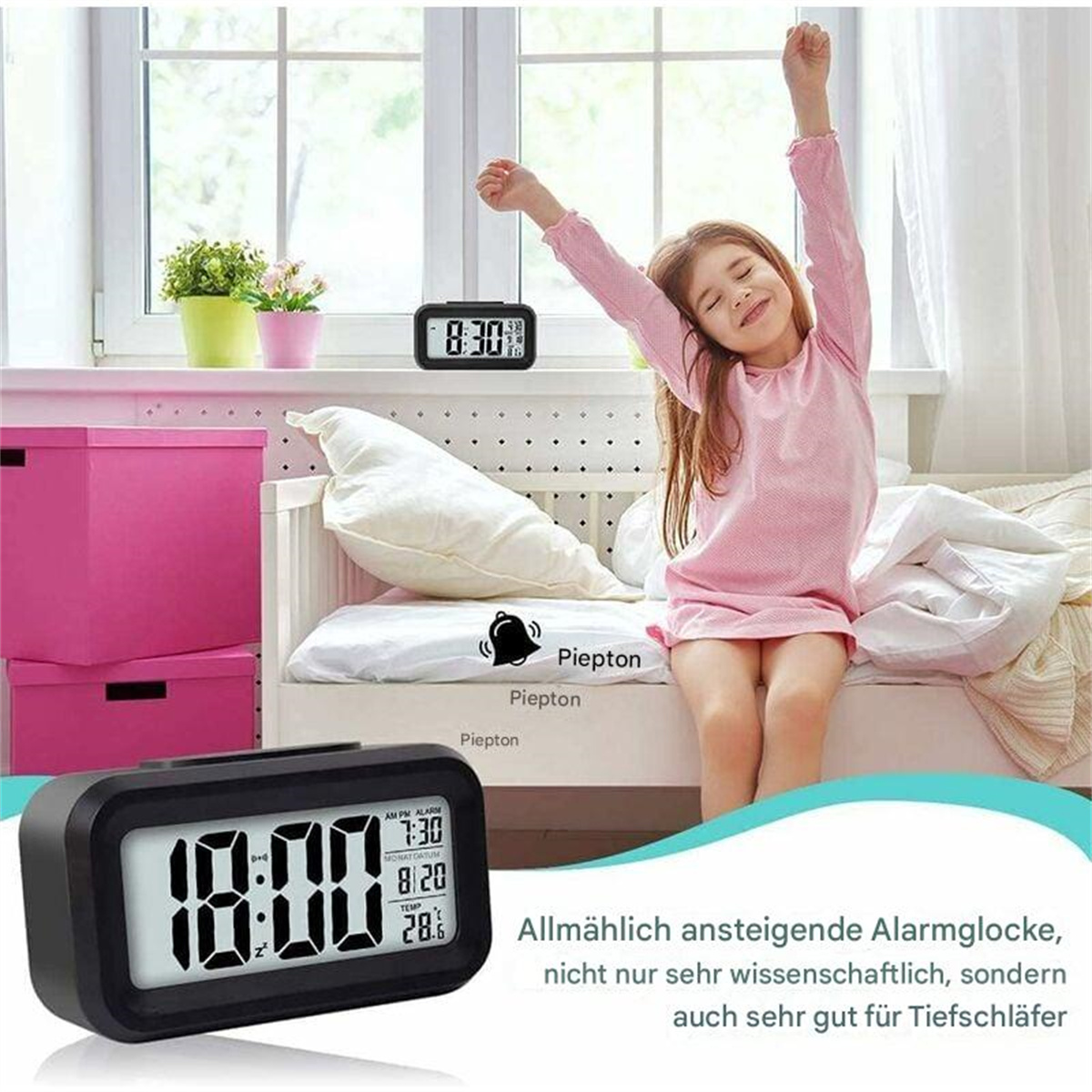 Junges Mädchen im rosa Pyjama wacht auf. Digitaler Wecker zeigt 8:30 Uhr. Der Text sagt 'Piepton'.