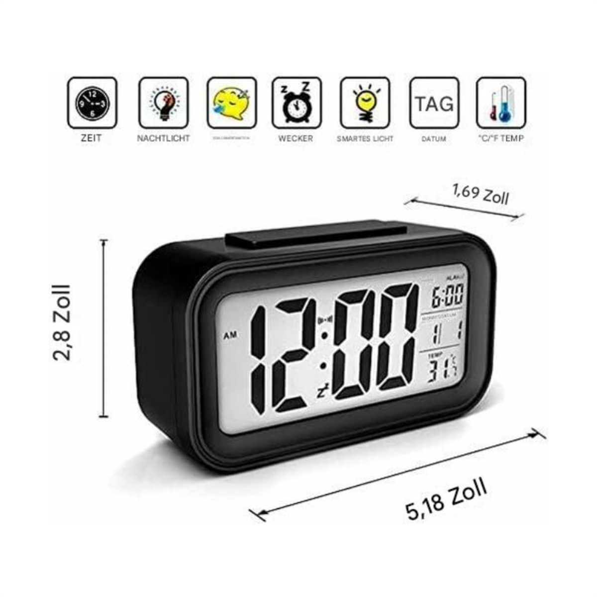 Schwarzer digitaler Wecker mit Abmessungen. Zeigt Uhrzeit und Temperatur an. Symbole für Einstellungen.