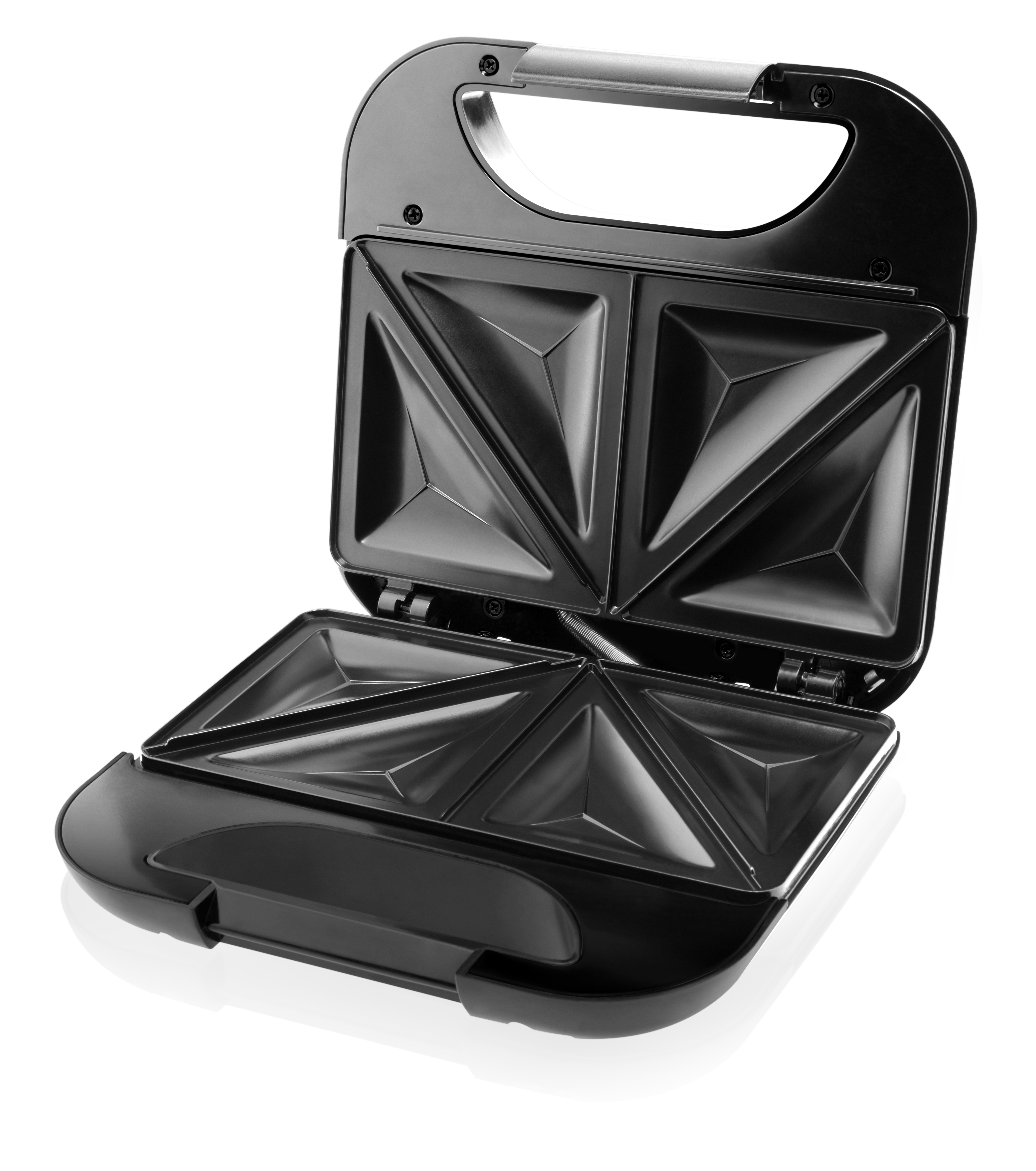 Ein offener schwarzer Sandwichmaker. Das Innere hat dreieckige Formen für Sandwiches.