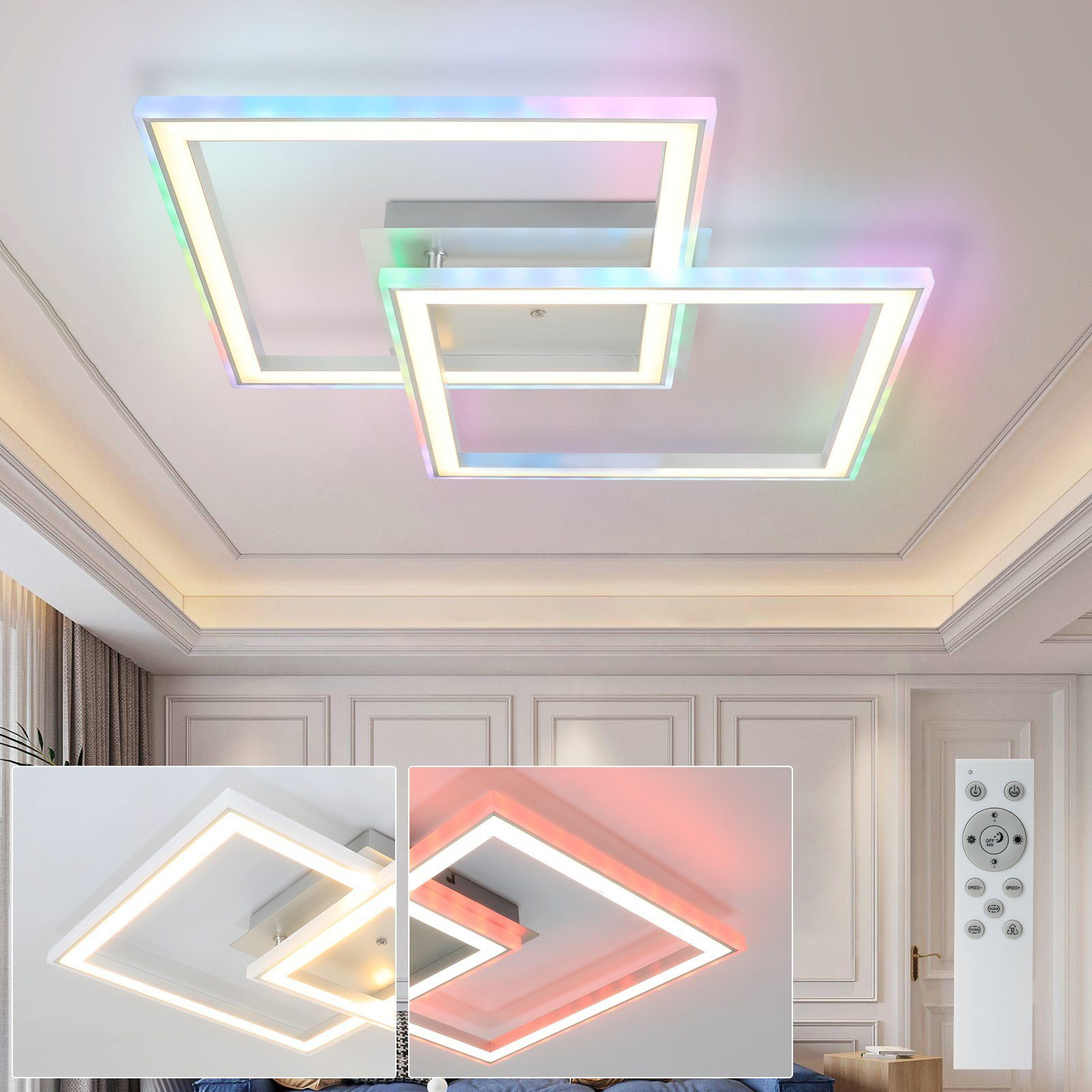 Una lampada da soffitto bianca con telecomando e opzioni di illuminazione multicolore.