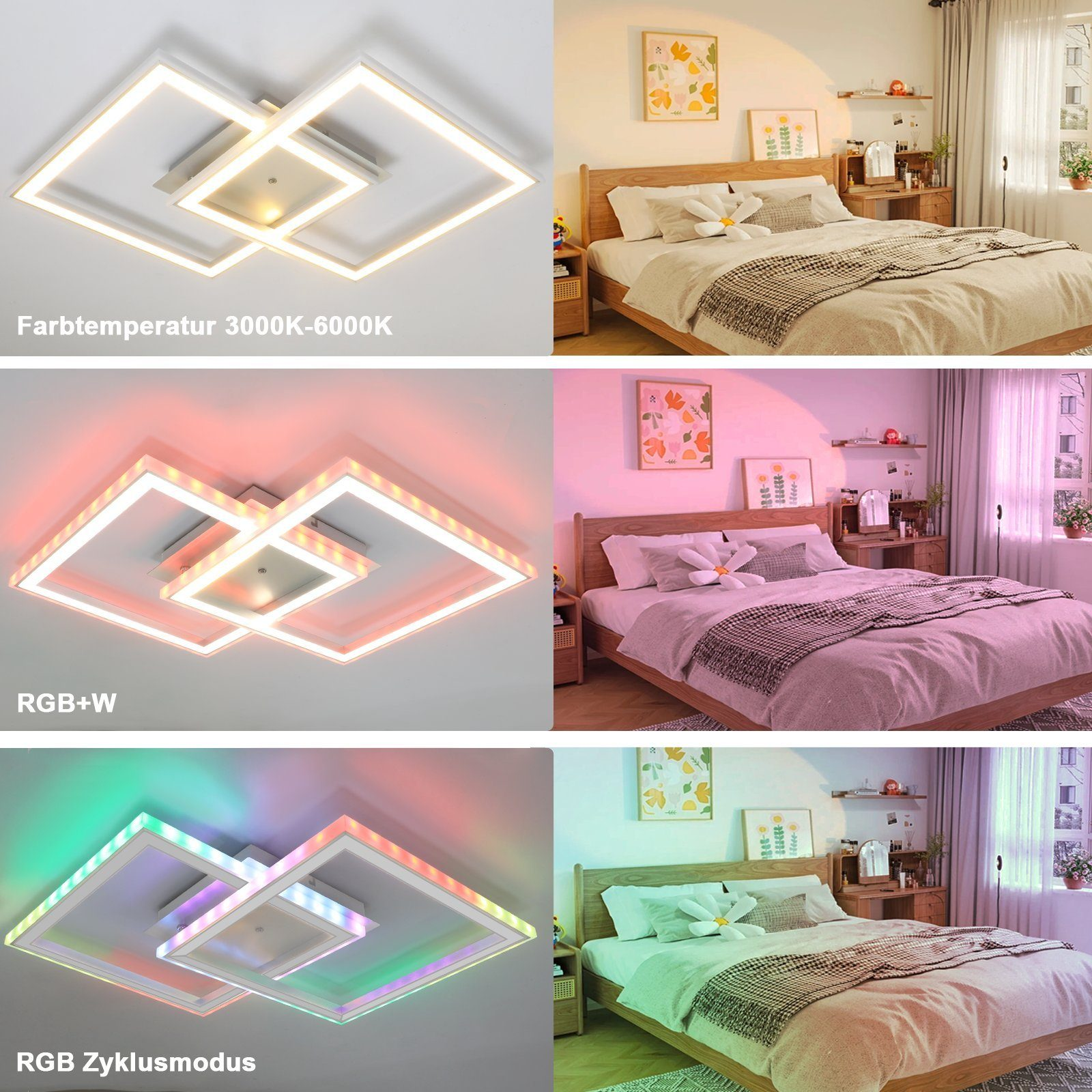 Una plafoniera in tre scene: luce bianca, luce rosa e luce multicolore con un letto.