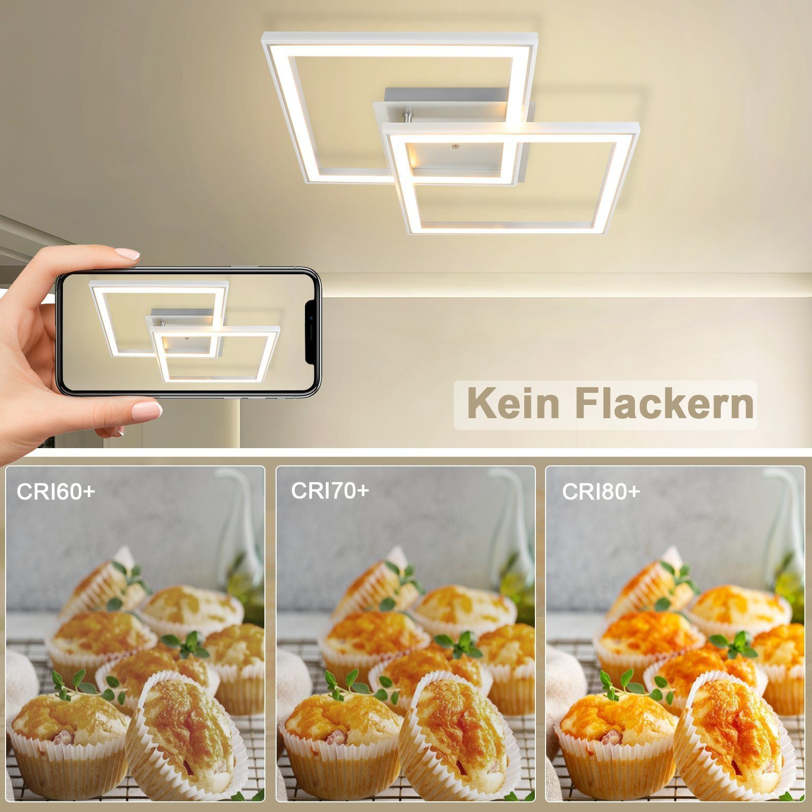 Una persona che tiene in mano un telefono che mostra un apparecchio di illuminazione. Vari muffin sono nella sezione inferiore.