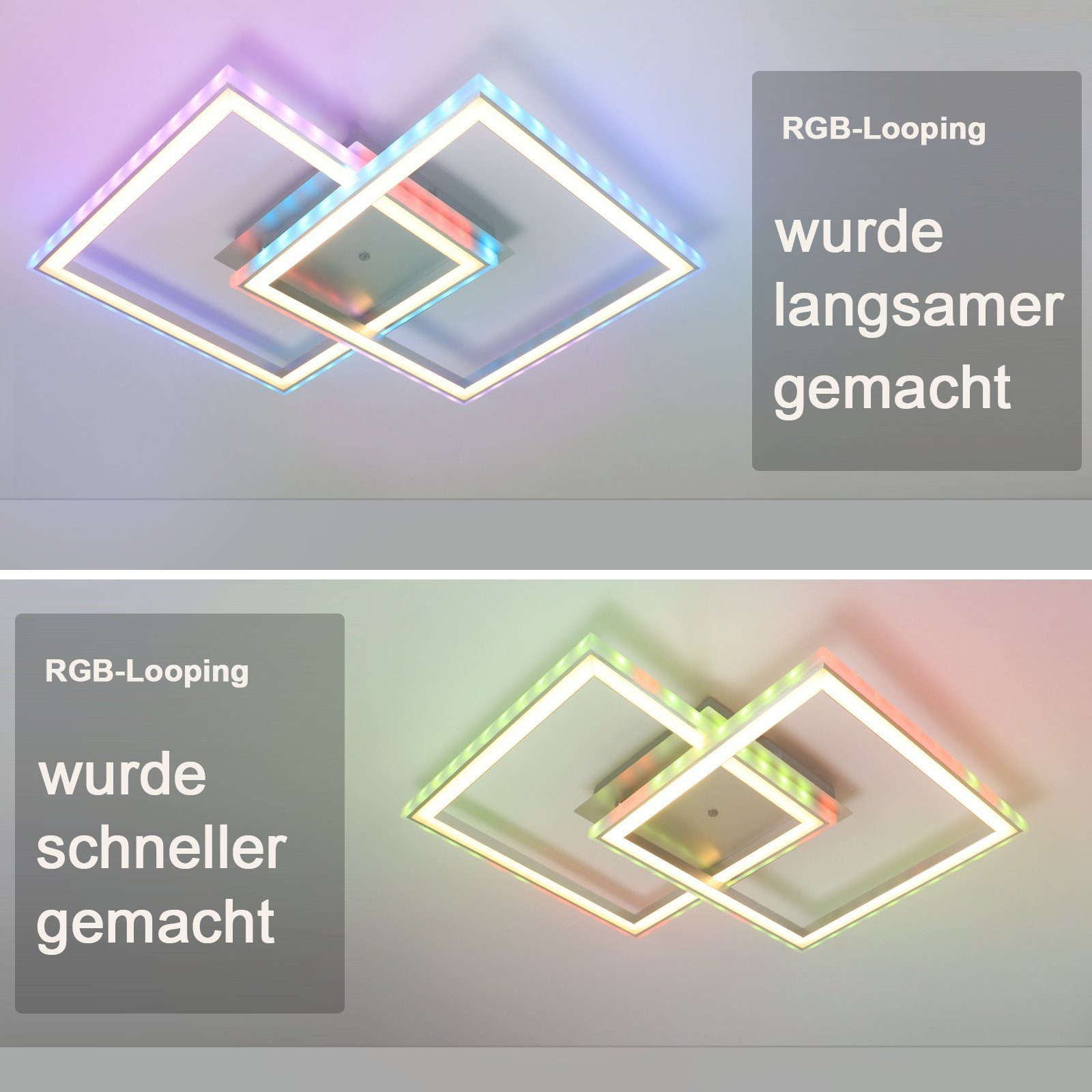 Due plafoniere LED quadrate, una con loop RGB lento e una veloce.