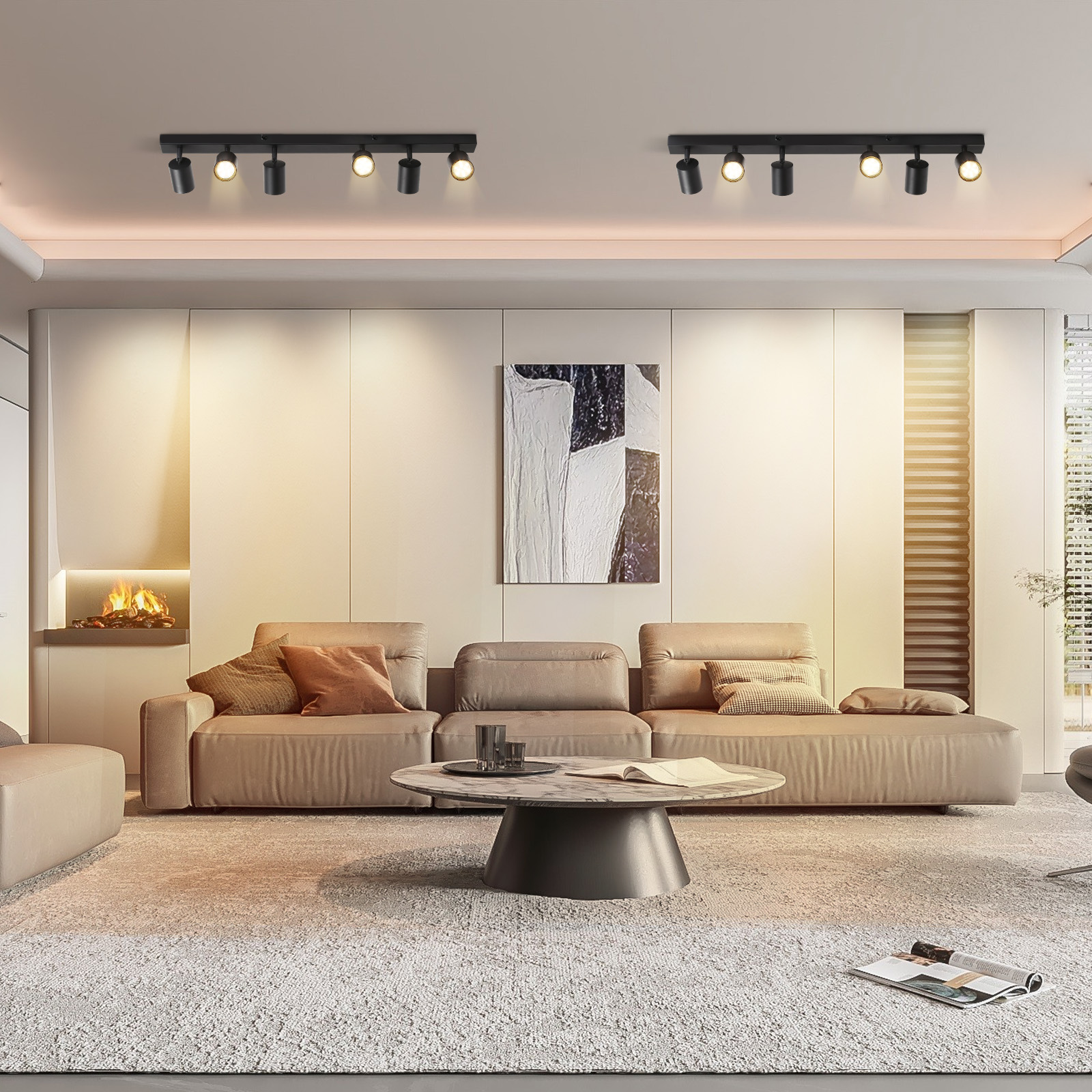 Soggiorno moderno con divani beige, tavolo in marmo e illuminazione a binario. Un dipinto è appeso a una parete bianca. Camino.