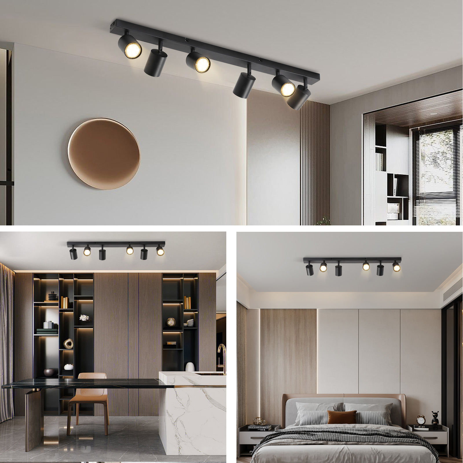 Faretti neri montati a soffitto. Varie stanze mostrano l'illuminazione.