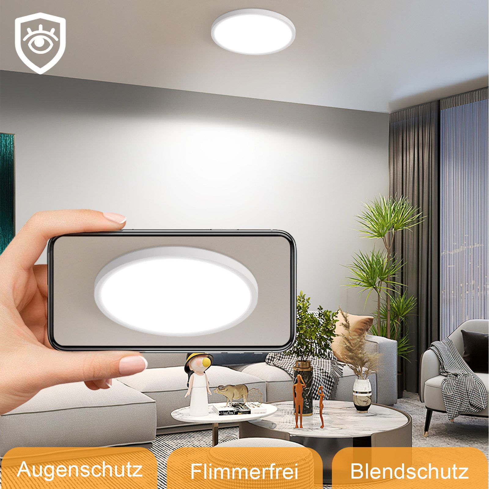 Soggiorno, persona tiene un telefono che mostra una luce a soffitto. Testo: Protezione occhi, Senza sfarfallio, Protezione dall'abbagliamento.