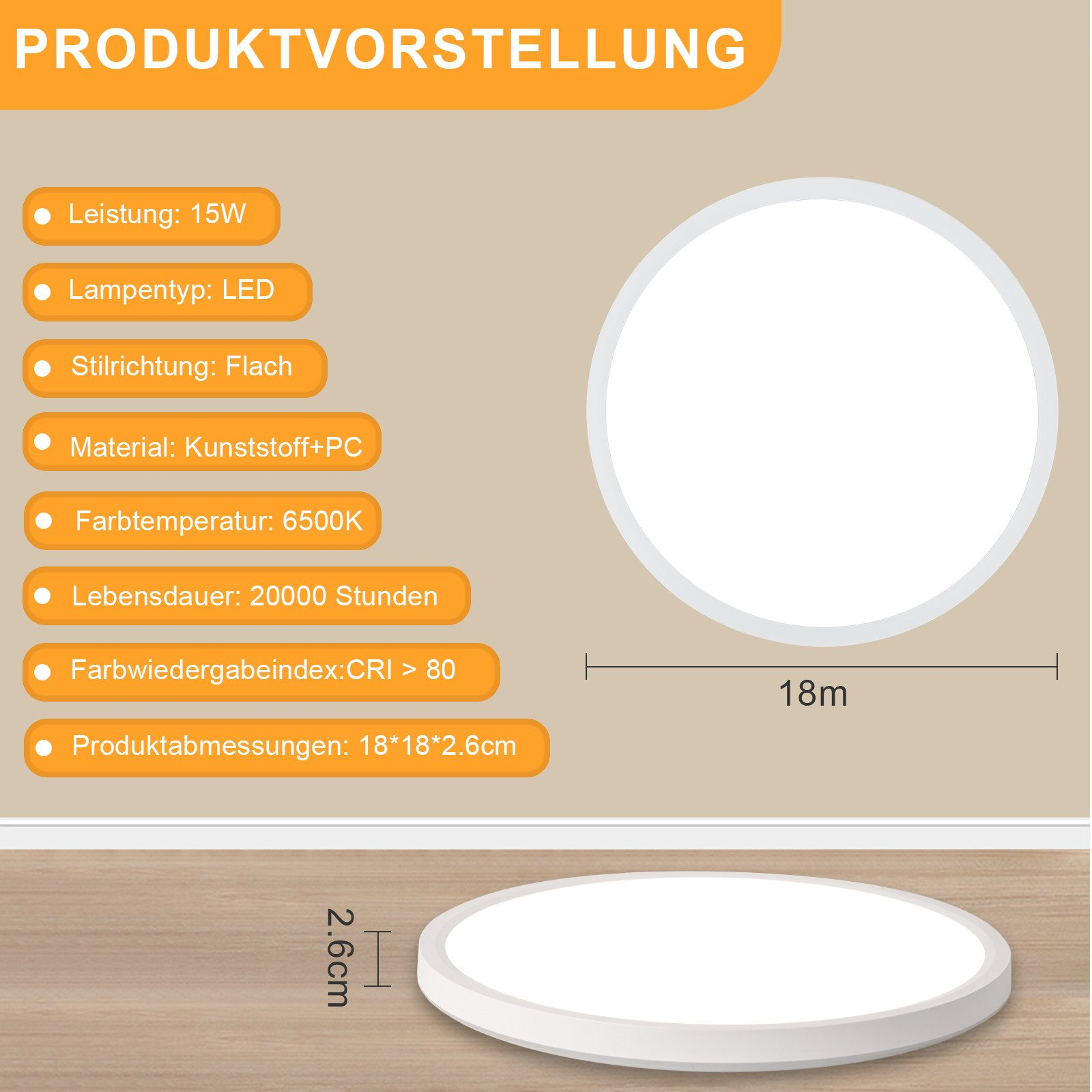 Lampada da soffitto a LED rotonda bianca. Dimensioni e informazioni del prodotto. Superficie bianca, sfondo nero.