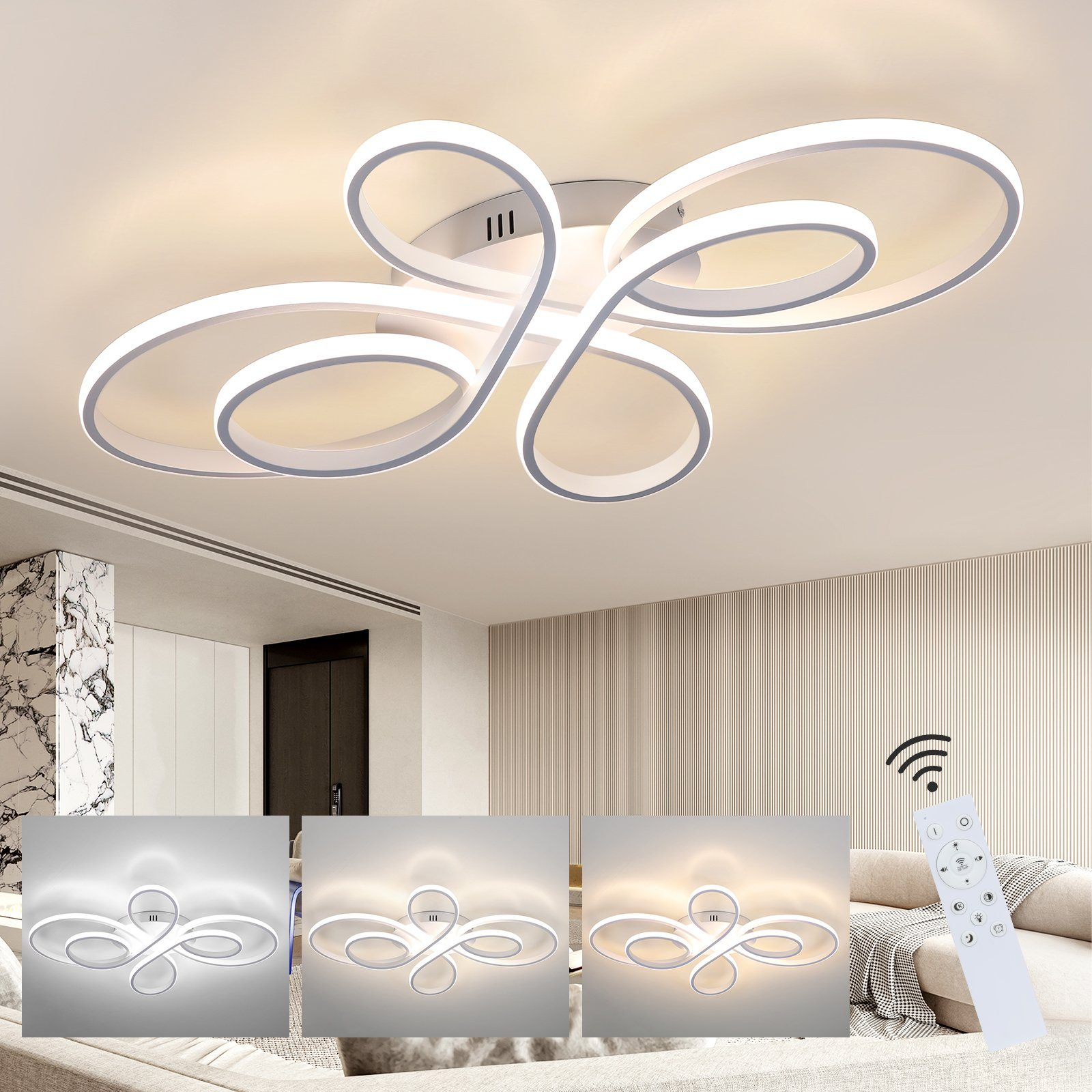 Biała lampa sufitowa o unikalnym designie, trzy ustawienia światła, pilot, w pokoju.