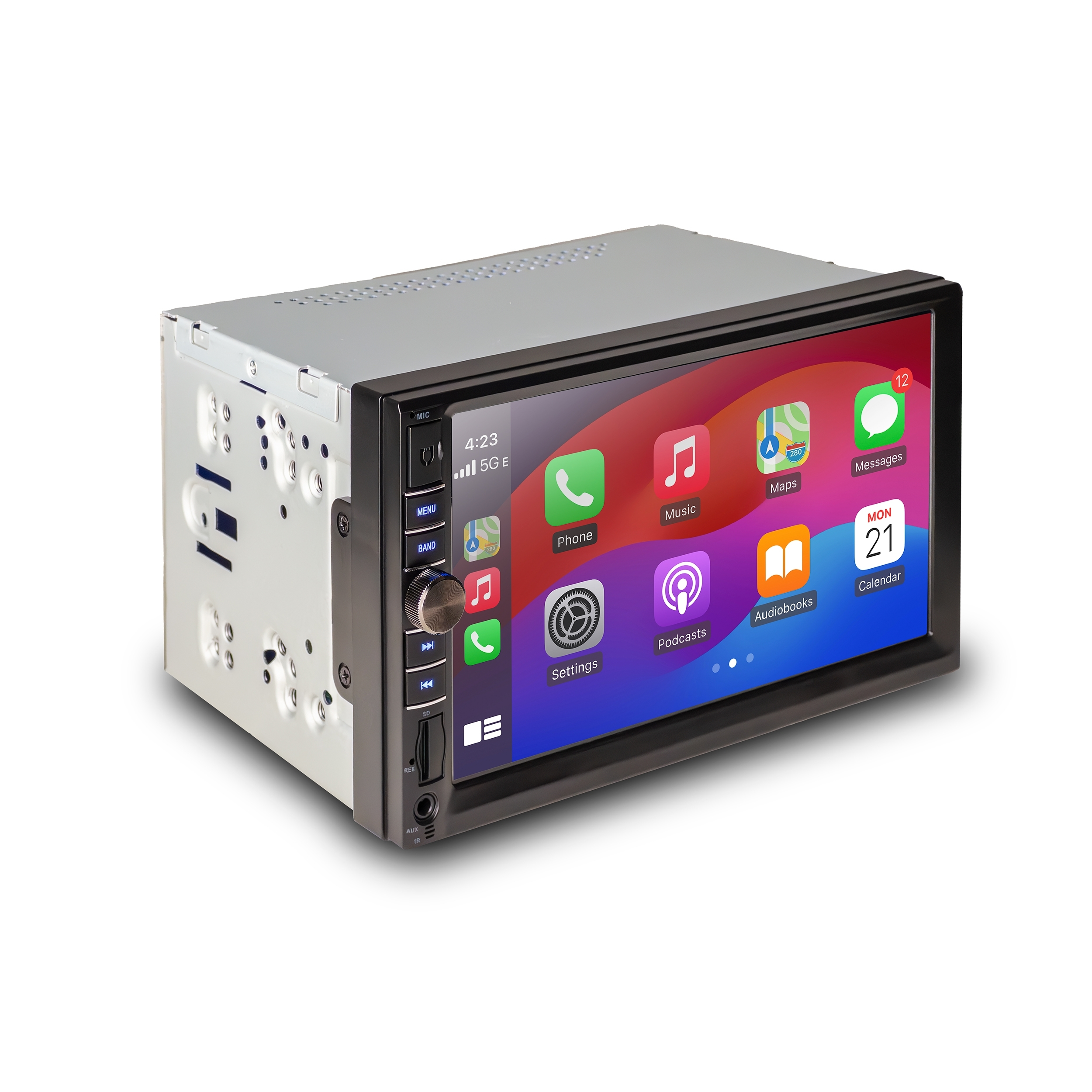 Car stereo with a touchscreen displaying a phone interface.