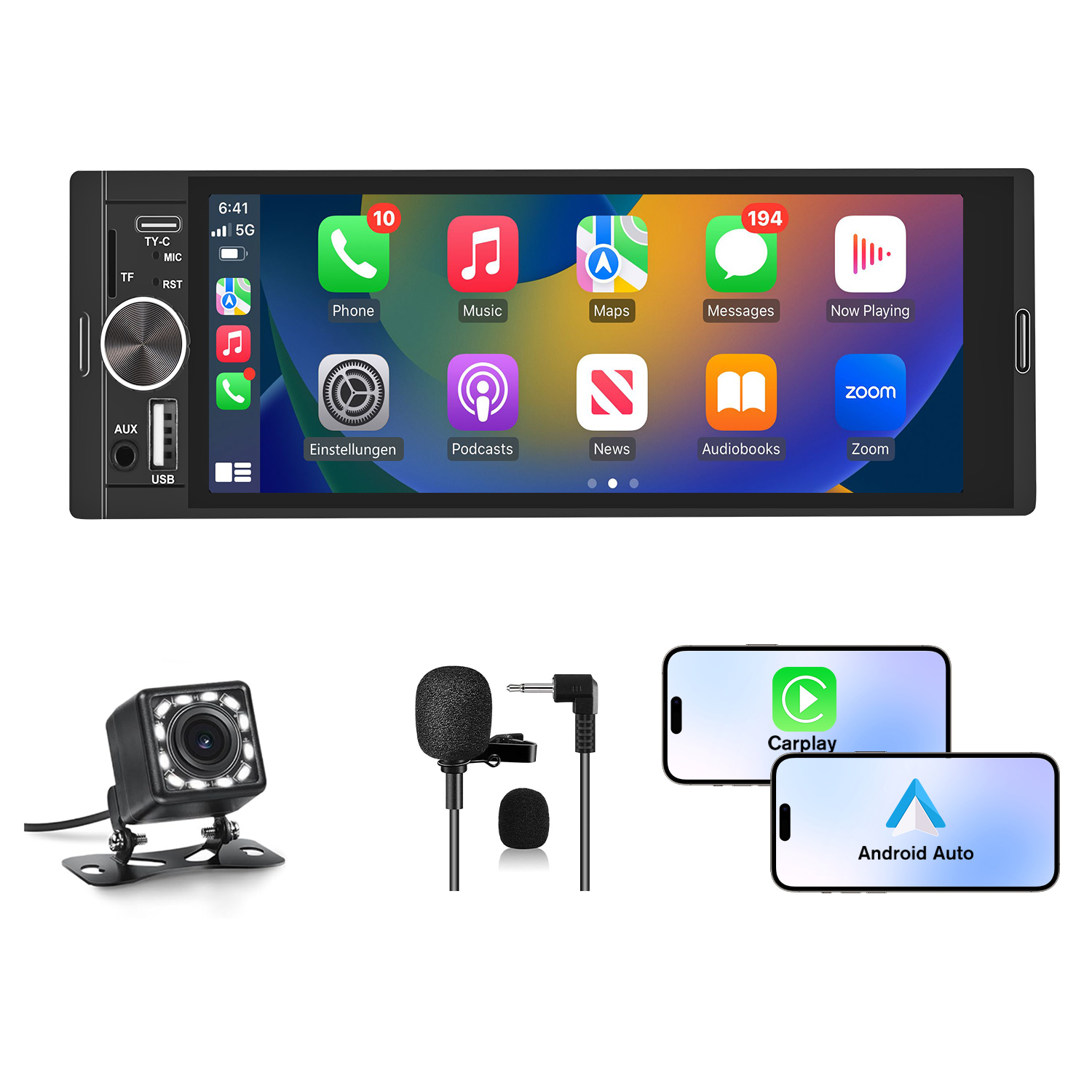 1 Din 6,86 Zoll Autoradio mit Drahtlos Carplay und Android Auto - 1 Din Radio Unterstützung Mirror Link FM RDS EQ 12 Led Rückfahrkamera&Mic