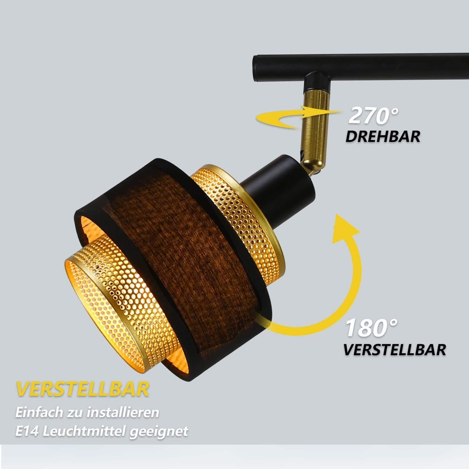 Apparecchio di illuminazione regolabile nero e oro con testo in tedesco.