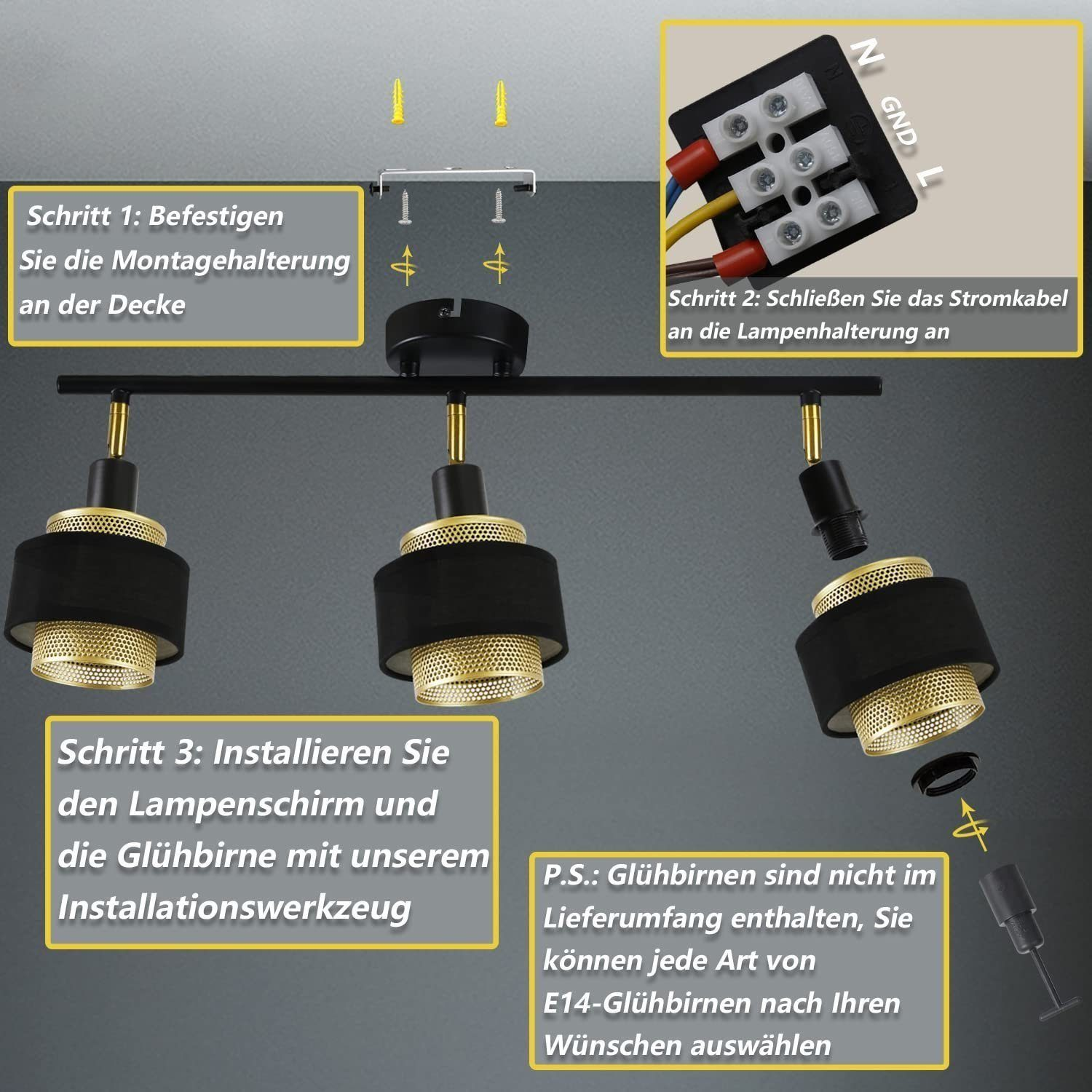 Diagramma che mostra i passaggi di installazione di una lampada da soffitto nera e oro con tre lampade.