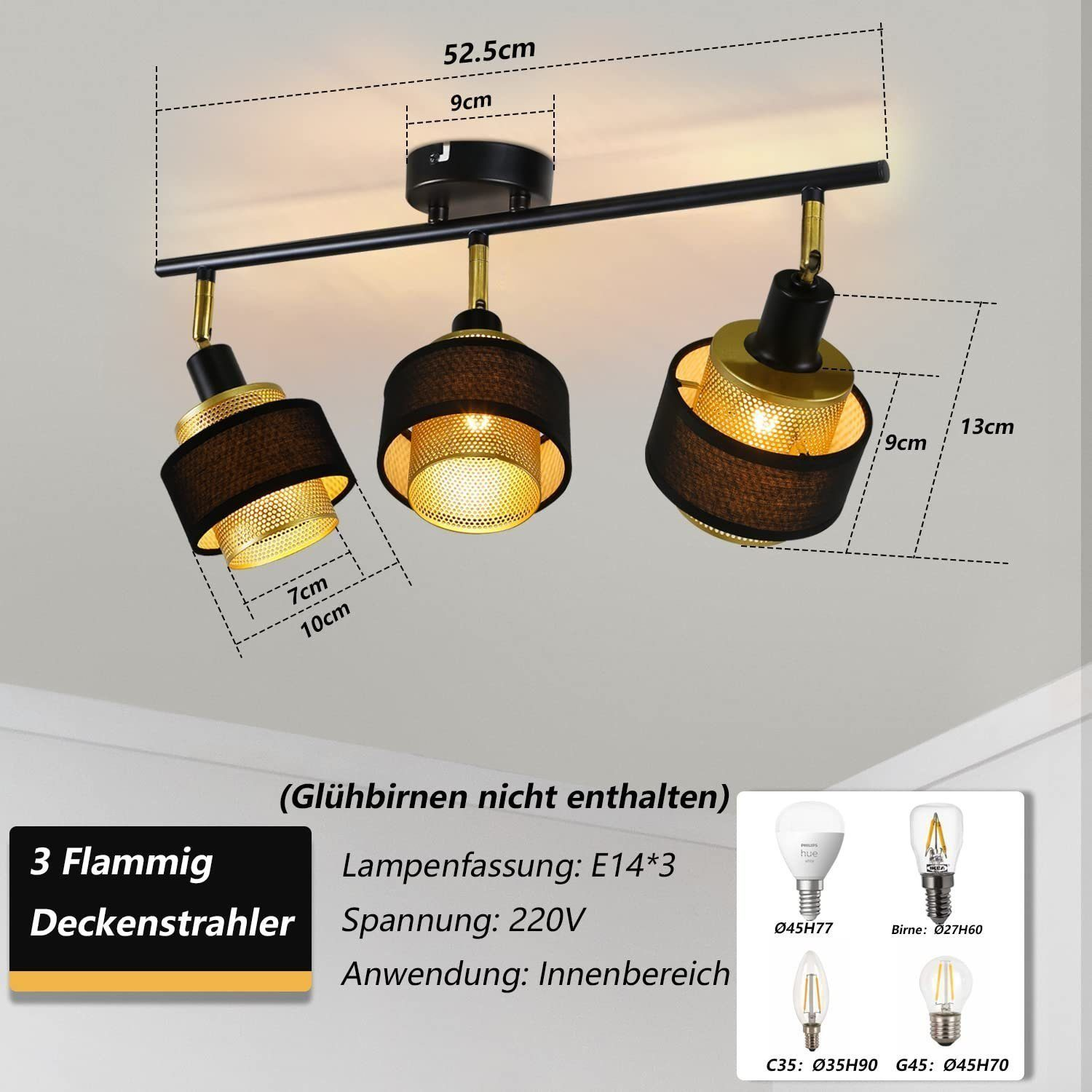 Apparecchio di illuminazione a binario a tre luci con paralumi neri e interni dorati. Le lampadine non sono incluse.