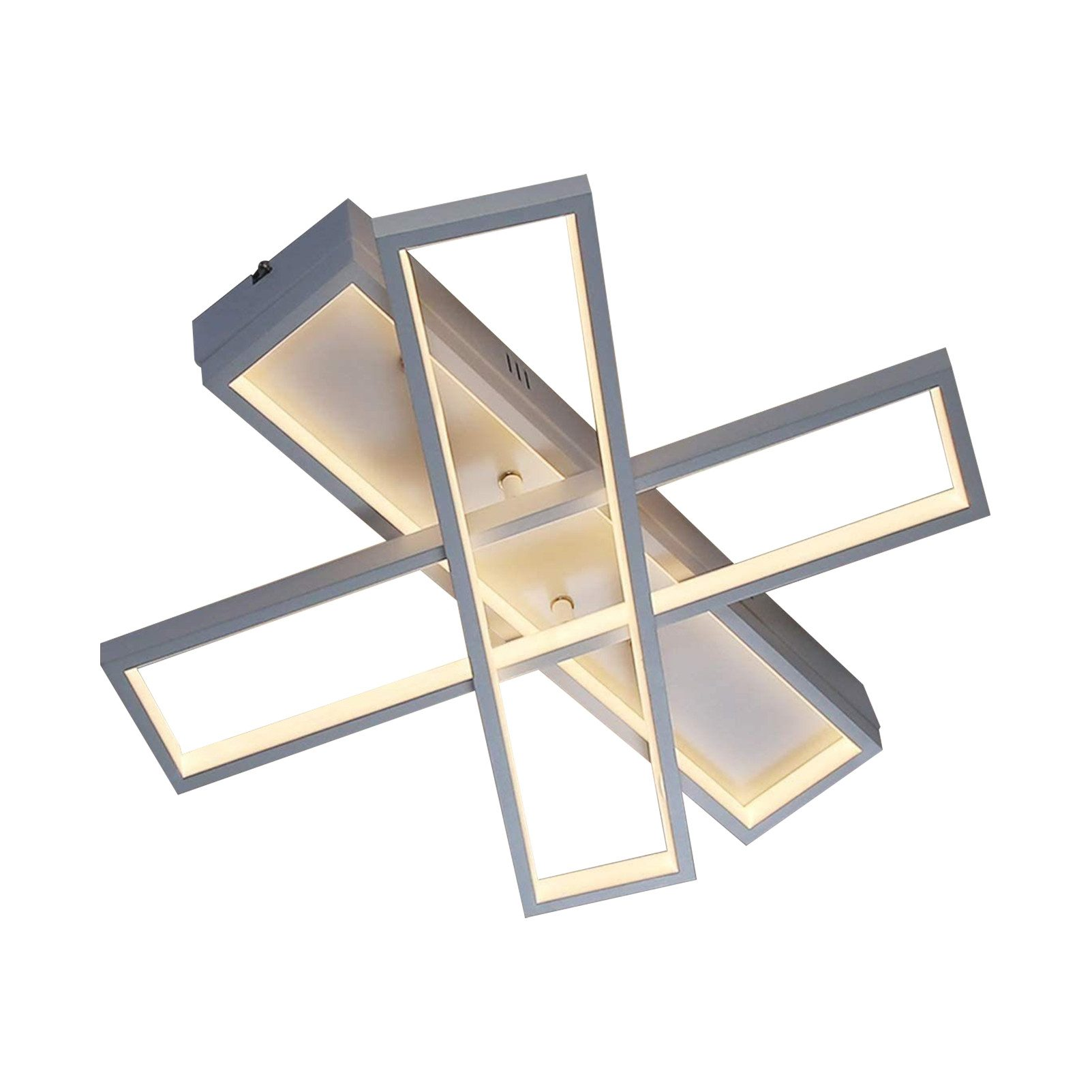 Lampada da soffitto grigia con luci rettangolari intersecanti, su sfondo bianco.