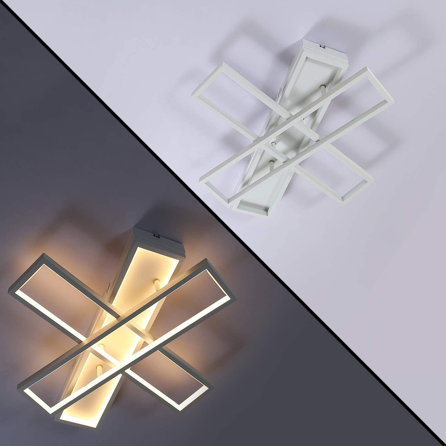 Due luci a soffitto a forma di X bianca e grigia, una accesa e una spenta.