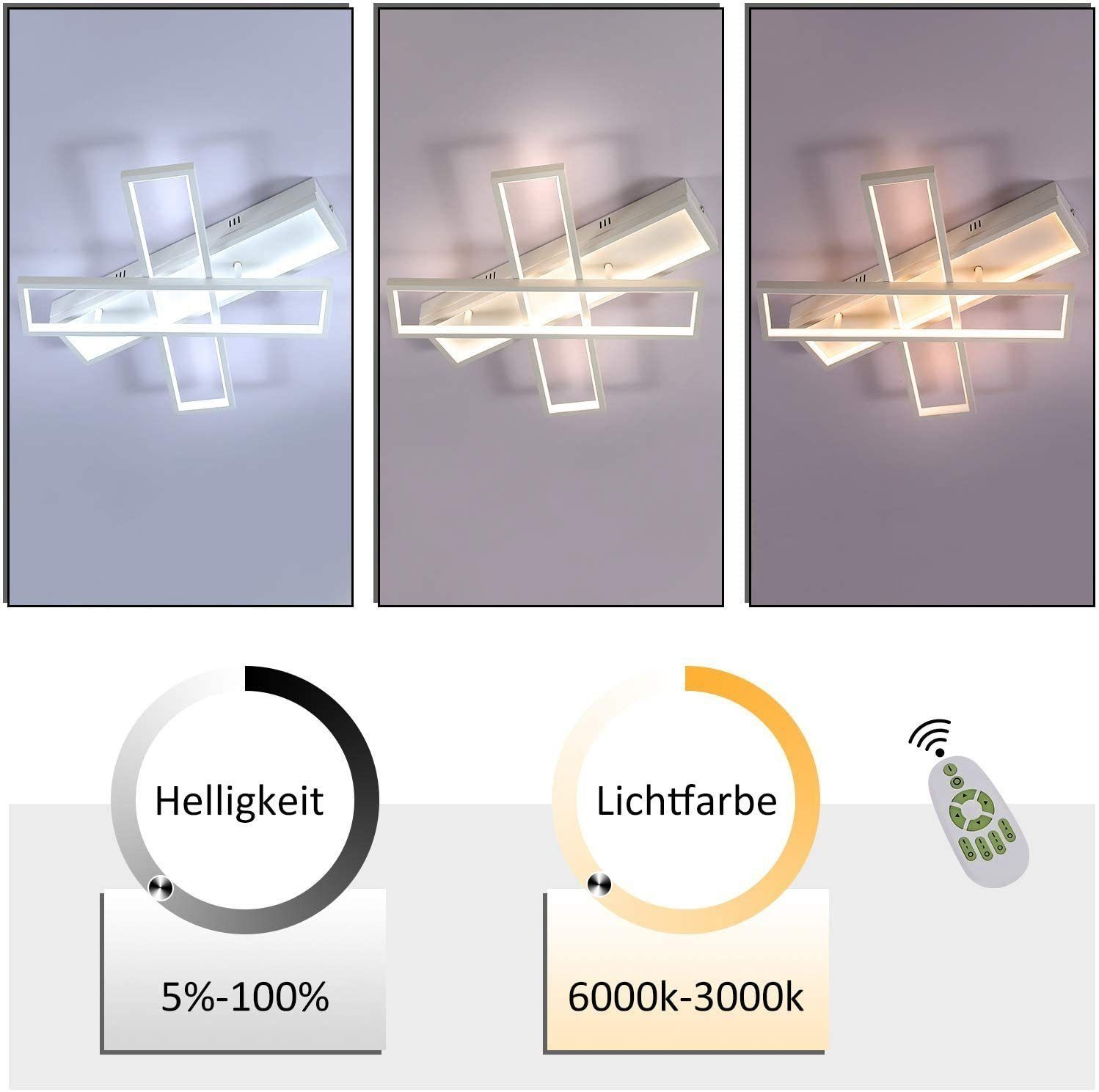 Tre immagini di una plafoniera che mostrano diverse luminosità e temperature di colore.
