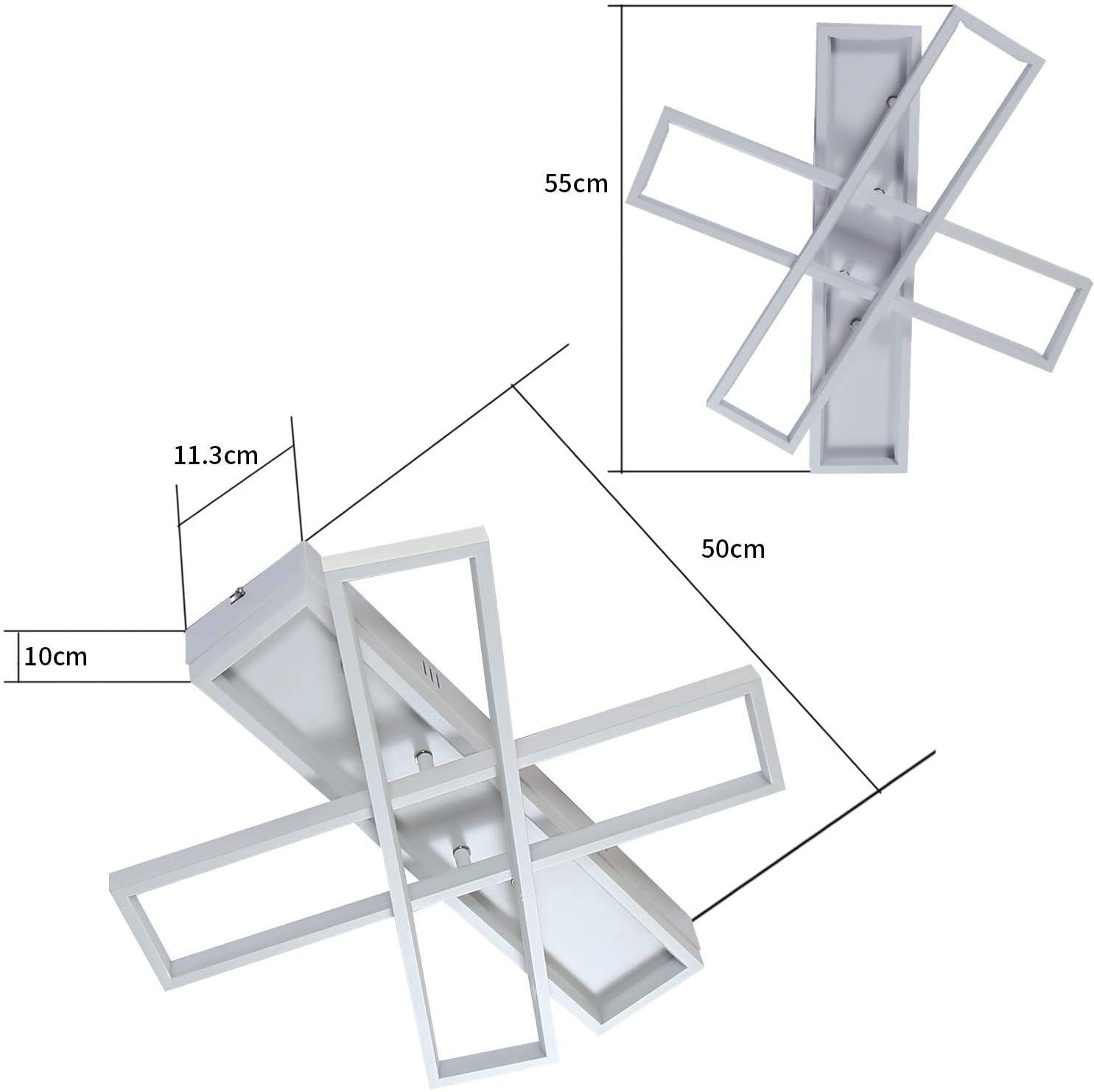 Lampada da soffitto bianca con un design geometrico. Le dimensioni sono mostrate nell'immagine.