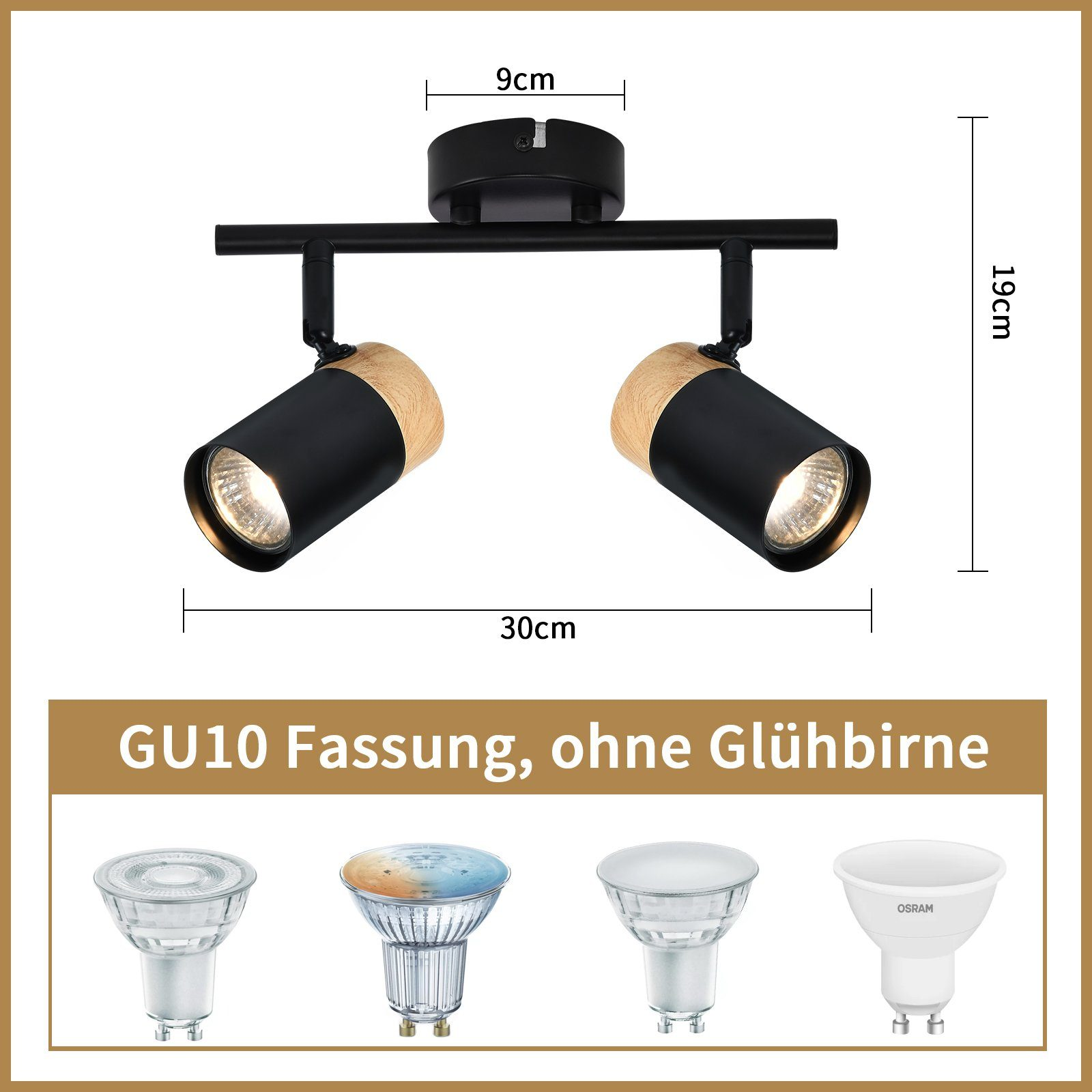 Faretti neri e in legno con dimensioni. Sotto i faretti sono mostrate quattro lampadine.