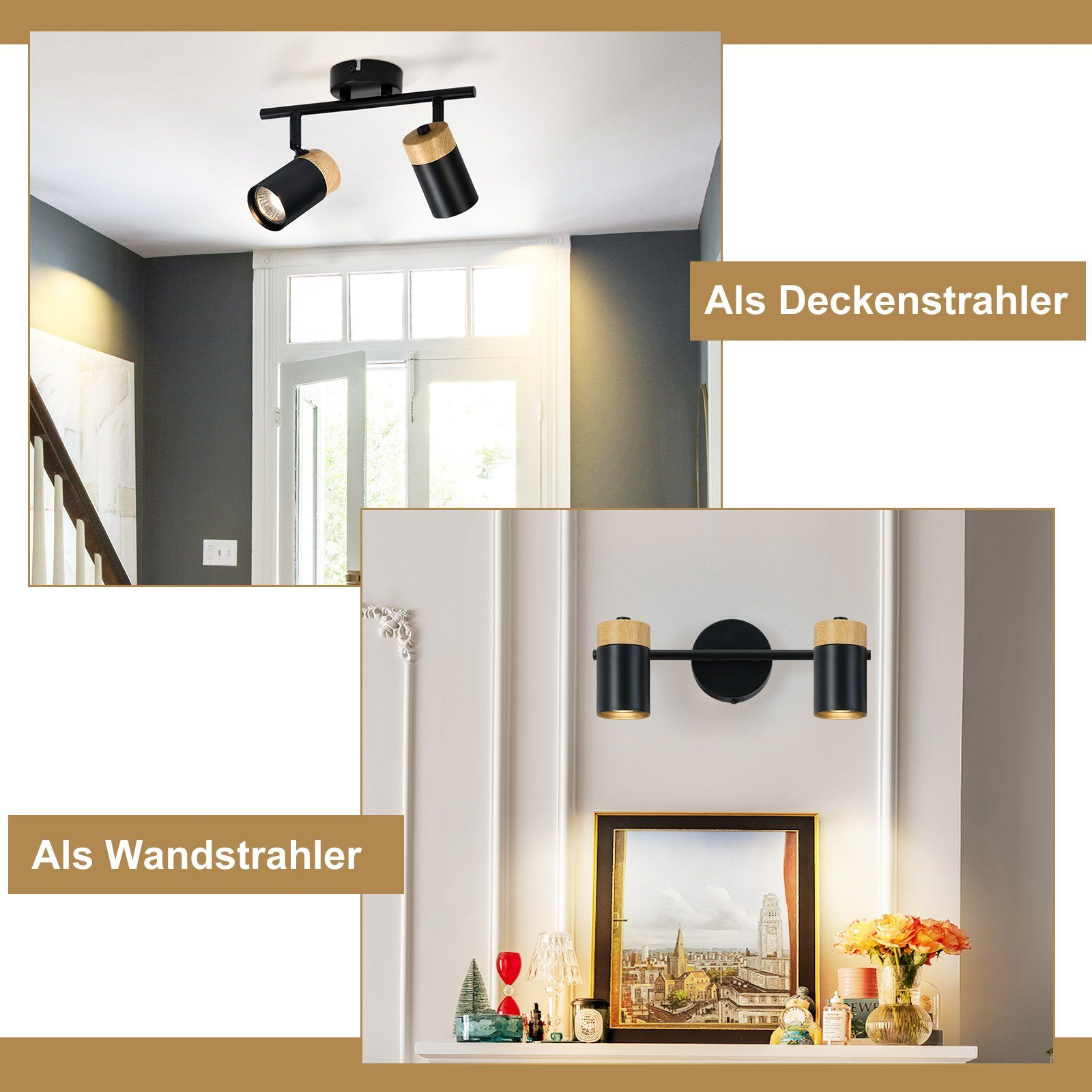 Due immagini di faretti a soffitto e parete, con testo in tedesco.