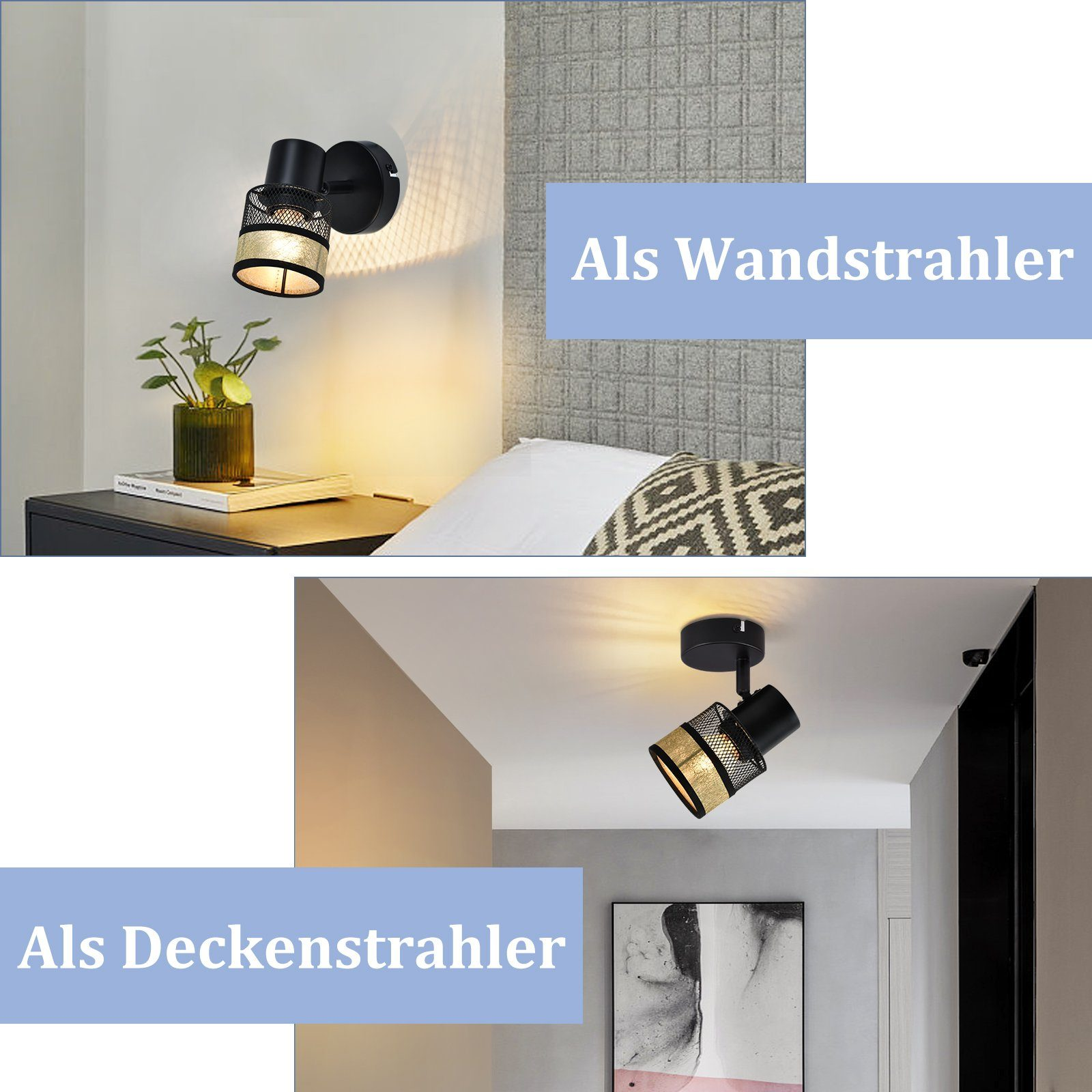 Faretti da parete e soffitto in nero, con testo che indica il loro utilizzo come luci a parete o soffitto.