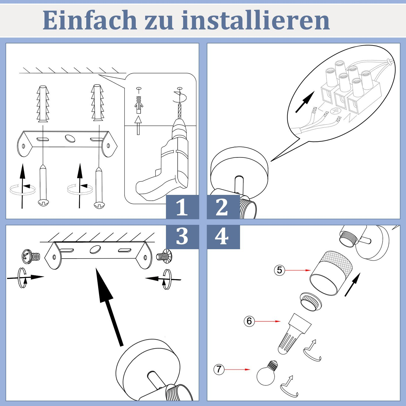 Diagramm zur Installation einer Leuchte, mit nummerierten Schritten und Teilen.