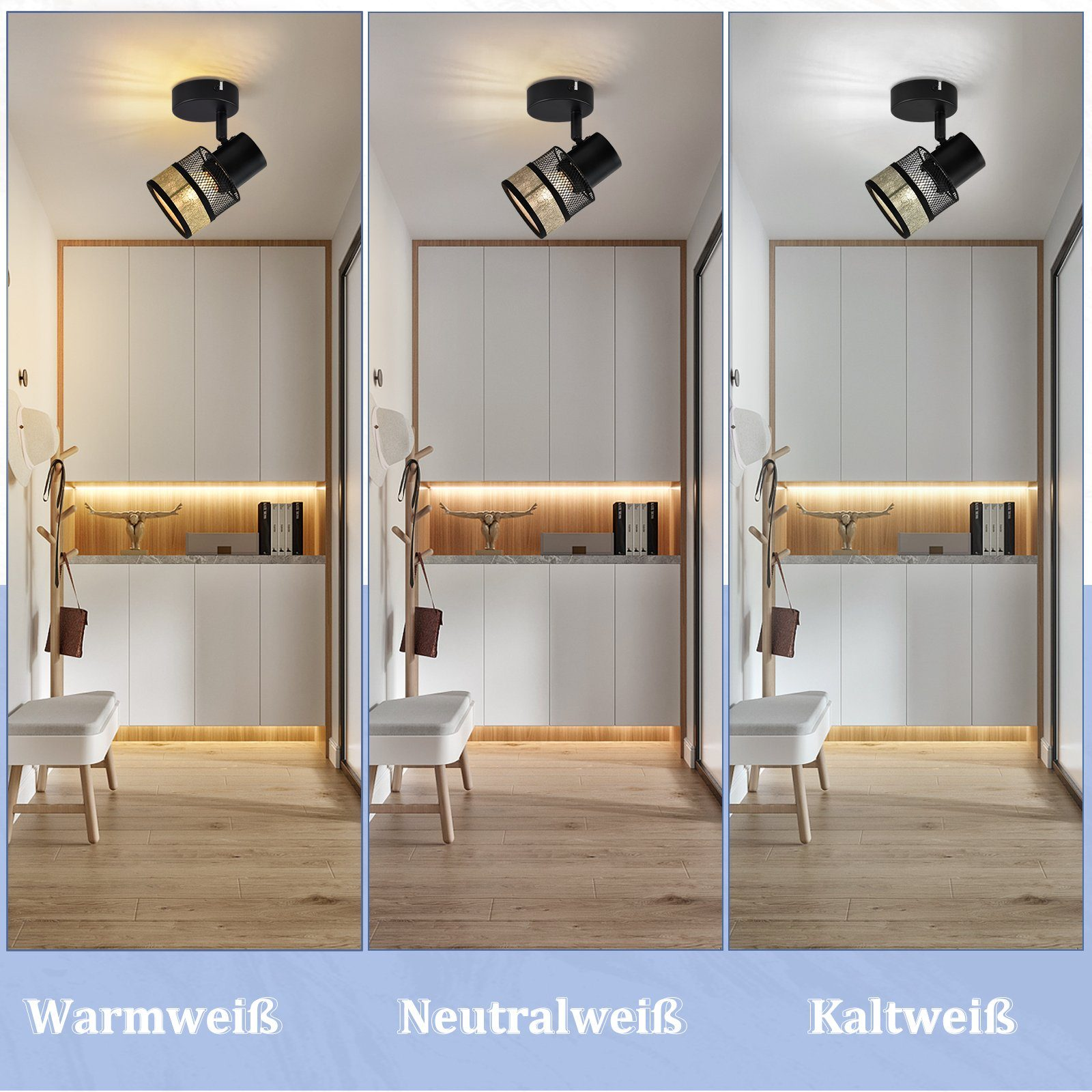 Tre immagini che mostrano un faretto da soffitto nero a diverse temperature di luce: calda, neutra e fredda.