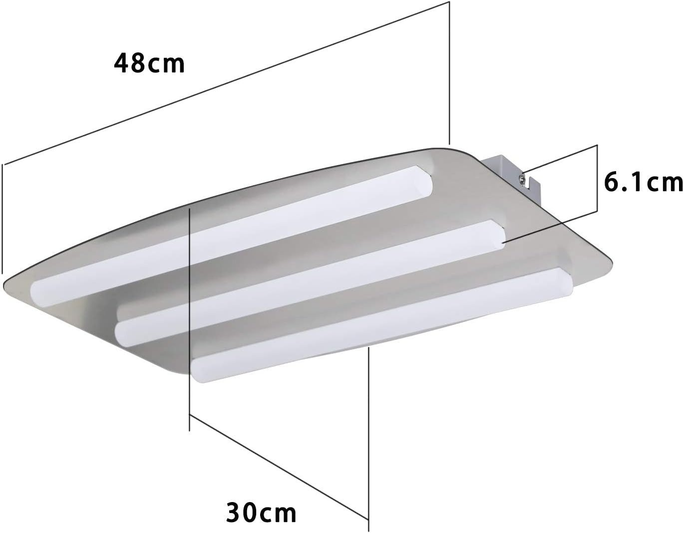 Un apparecchio di illuminazione a soffitto con tre tubi luminosi, con dimensioni.