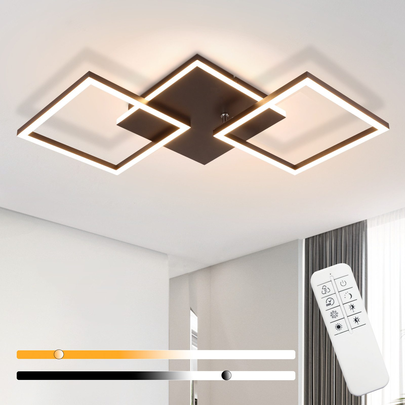 Lampada da soffitto moderna con tre cornici quadrate. La luce ha un telecomando.