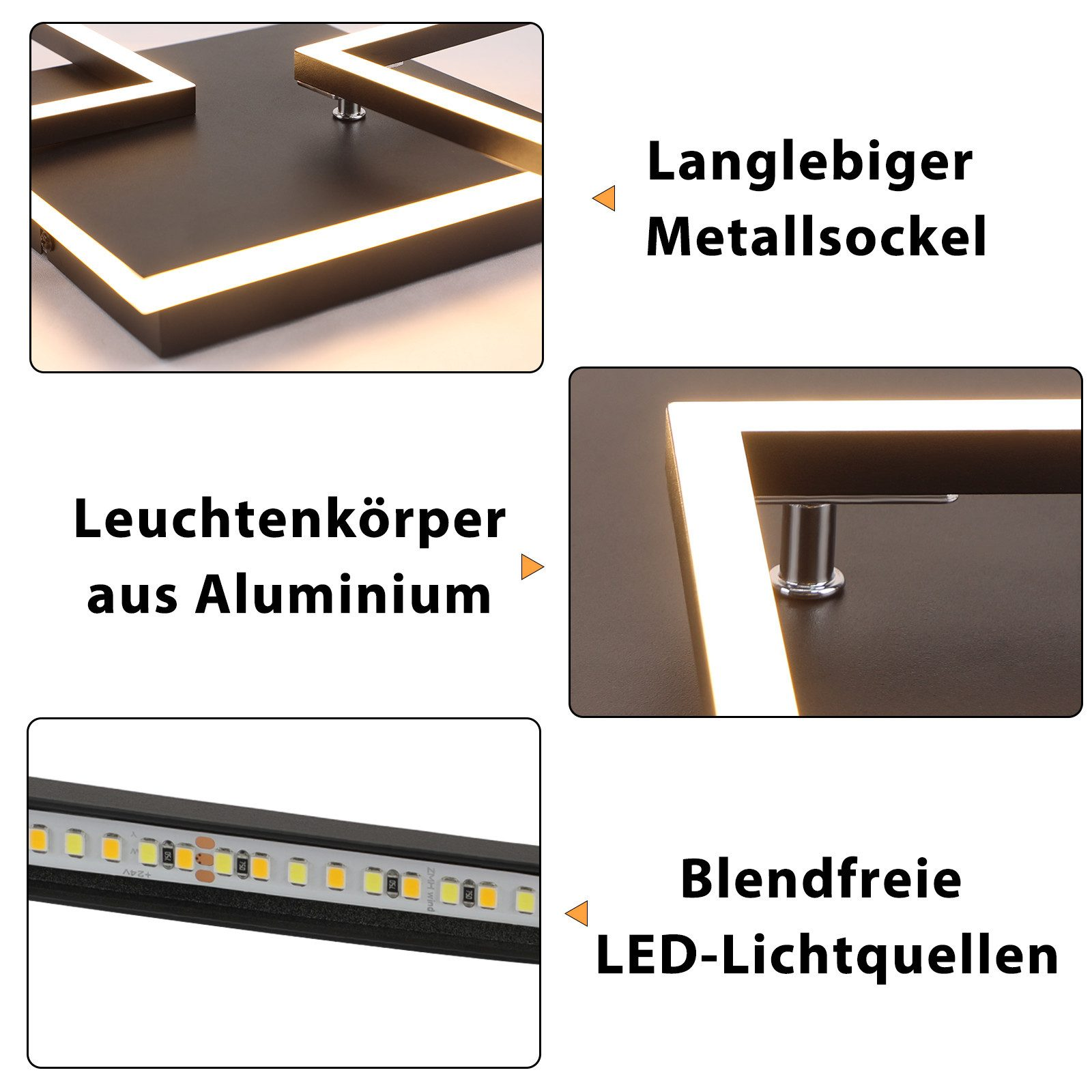 Primo piano di un apparecchio di illuminazione a LED in bianco e nero. Il testo menziona l'alluminio e le sorgenti luminose a LED.