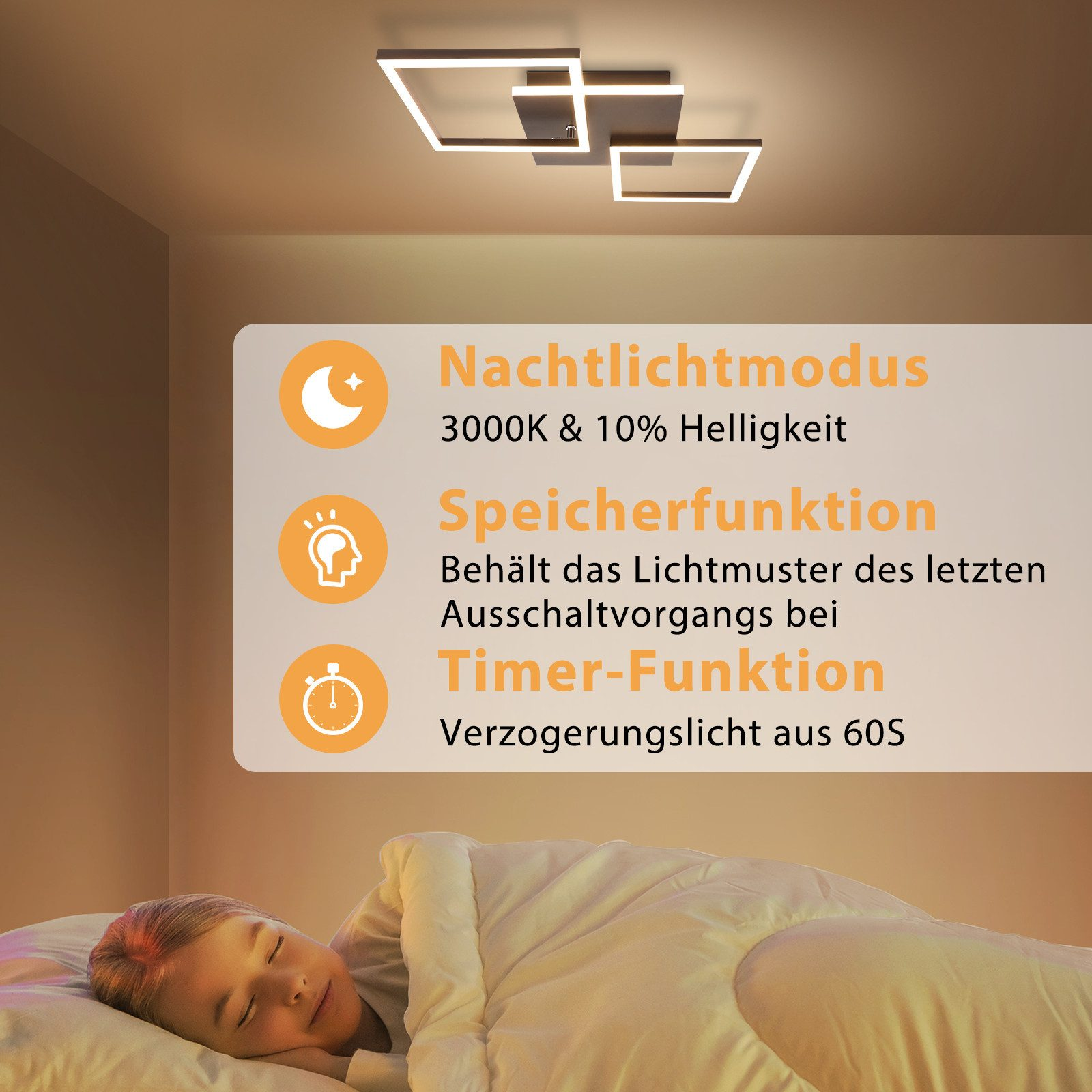 Una persona a letto con una luce a soffitto. La luce ha l'opzione modalità notturna.