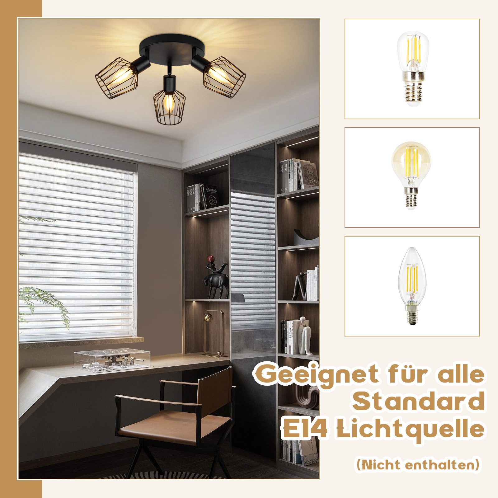 Lampada da soffitto nera con tre luci. Lampadine e testo in tedesco.
