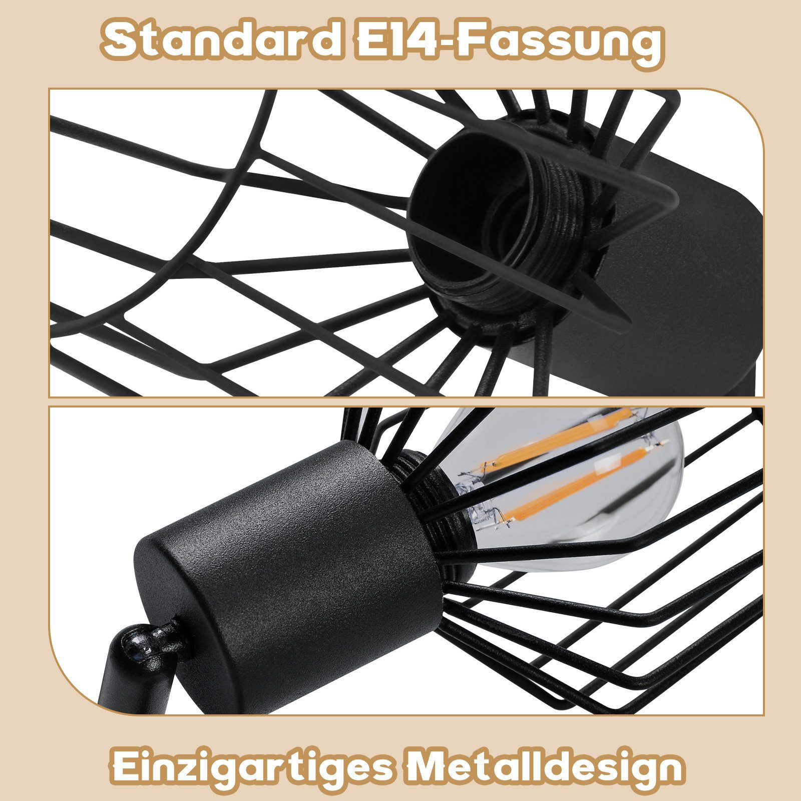 Primi piani di una lampada a filo metallico nero con base E14 e una lampadina.