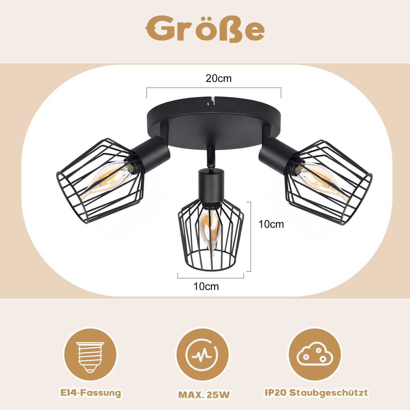 Plafoniera nera con tre apparecchi di illuminazione, dimensioni e informazioni sul tipo di lampadina. Testo: Größe.