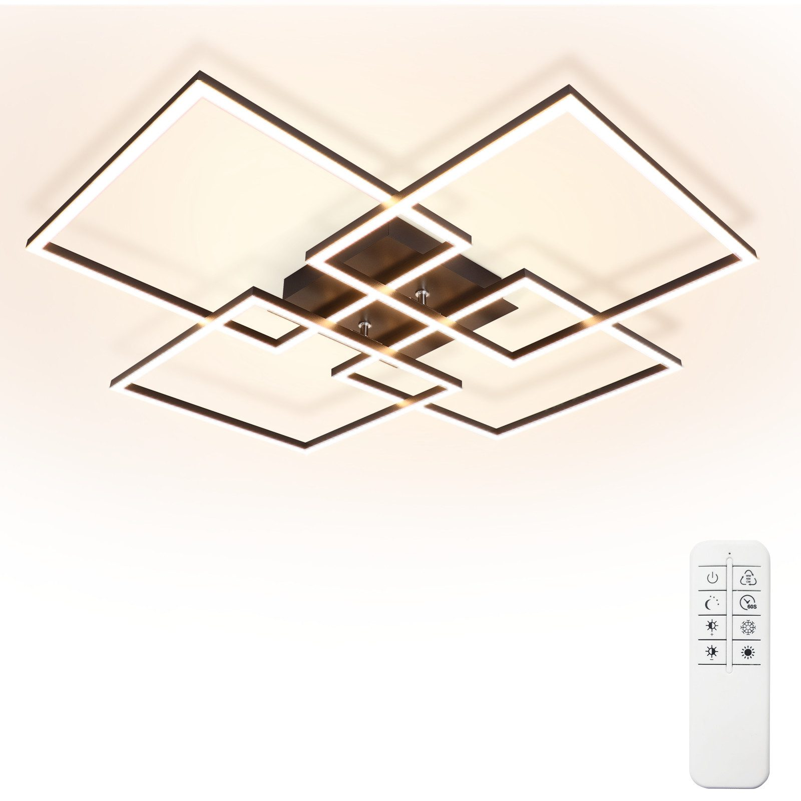 Una moderna lampada da soffitto con luci quadrate e un telecomando.