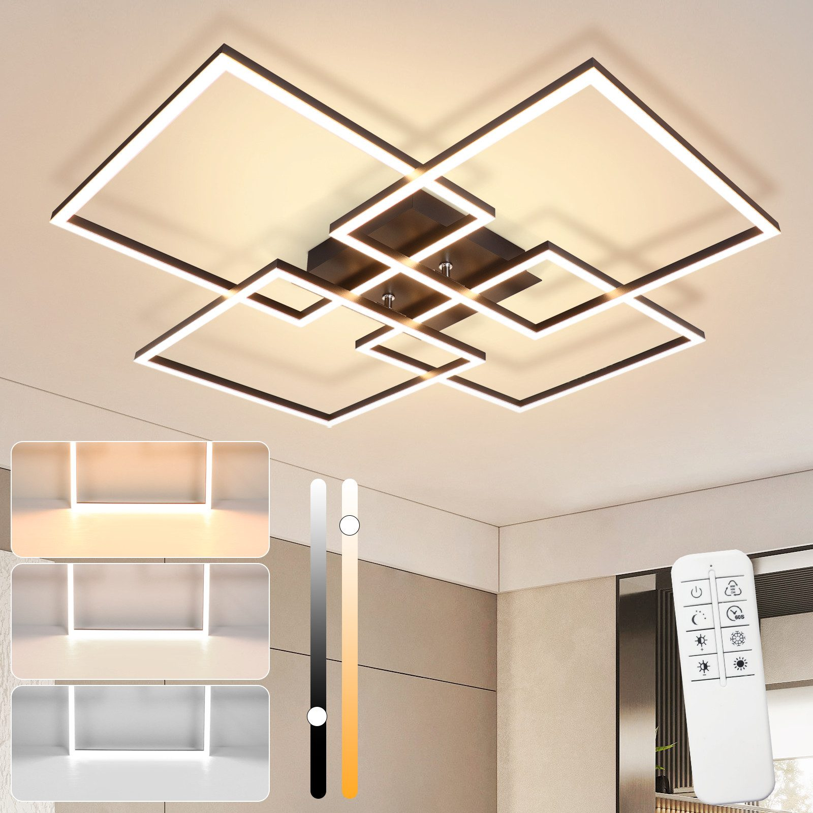 Lampada da soffitto con più apparecchi quadrati, con telecomando e opzioni di temperatura colore.