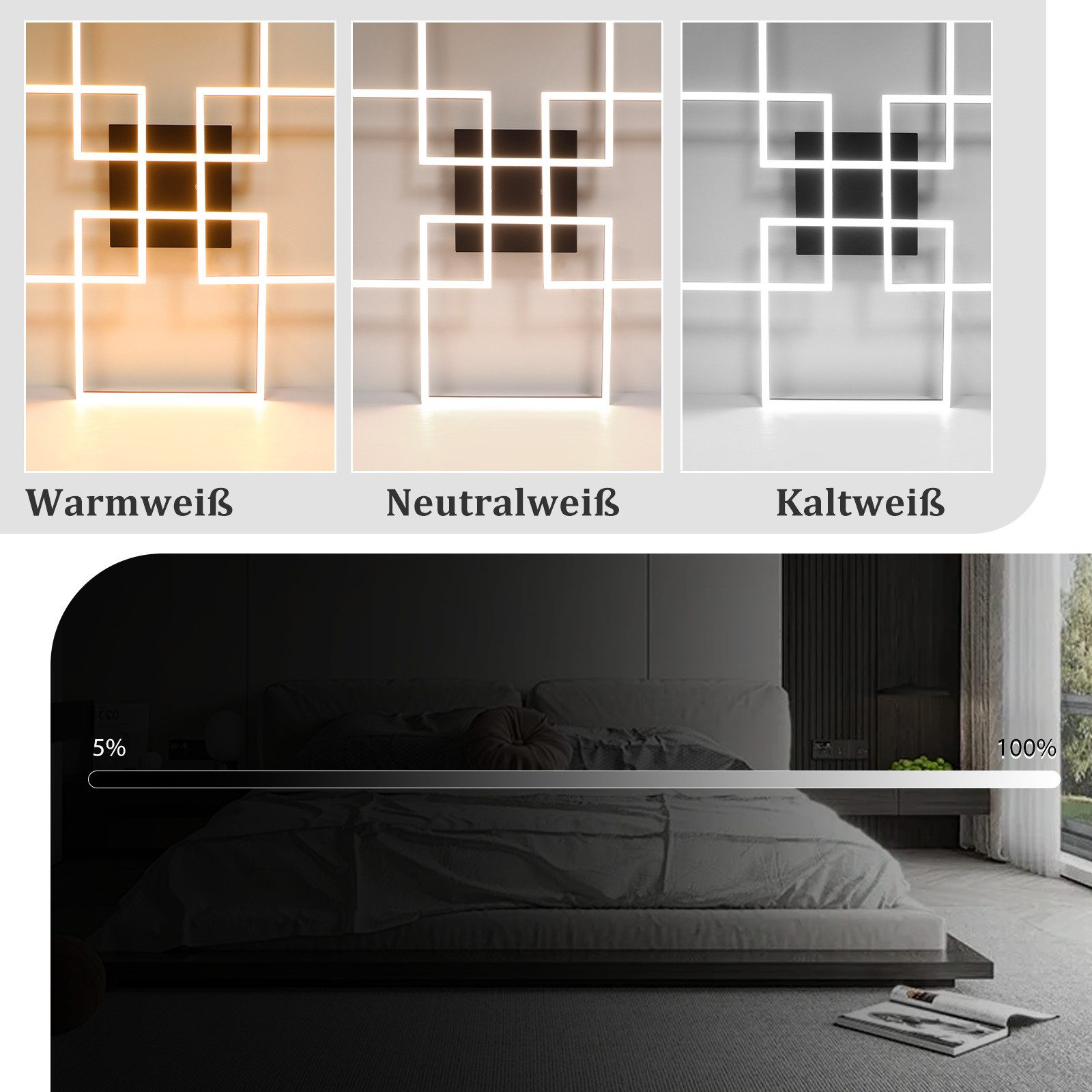 Tre pannelli luminosi con diverse temperature di colore. Un letto con un cursore che mostra il livello di luce.