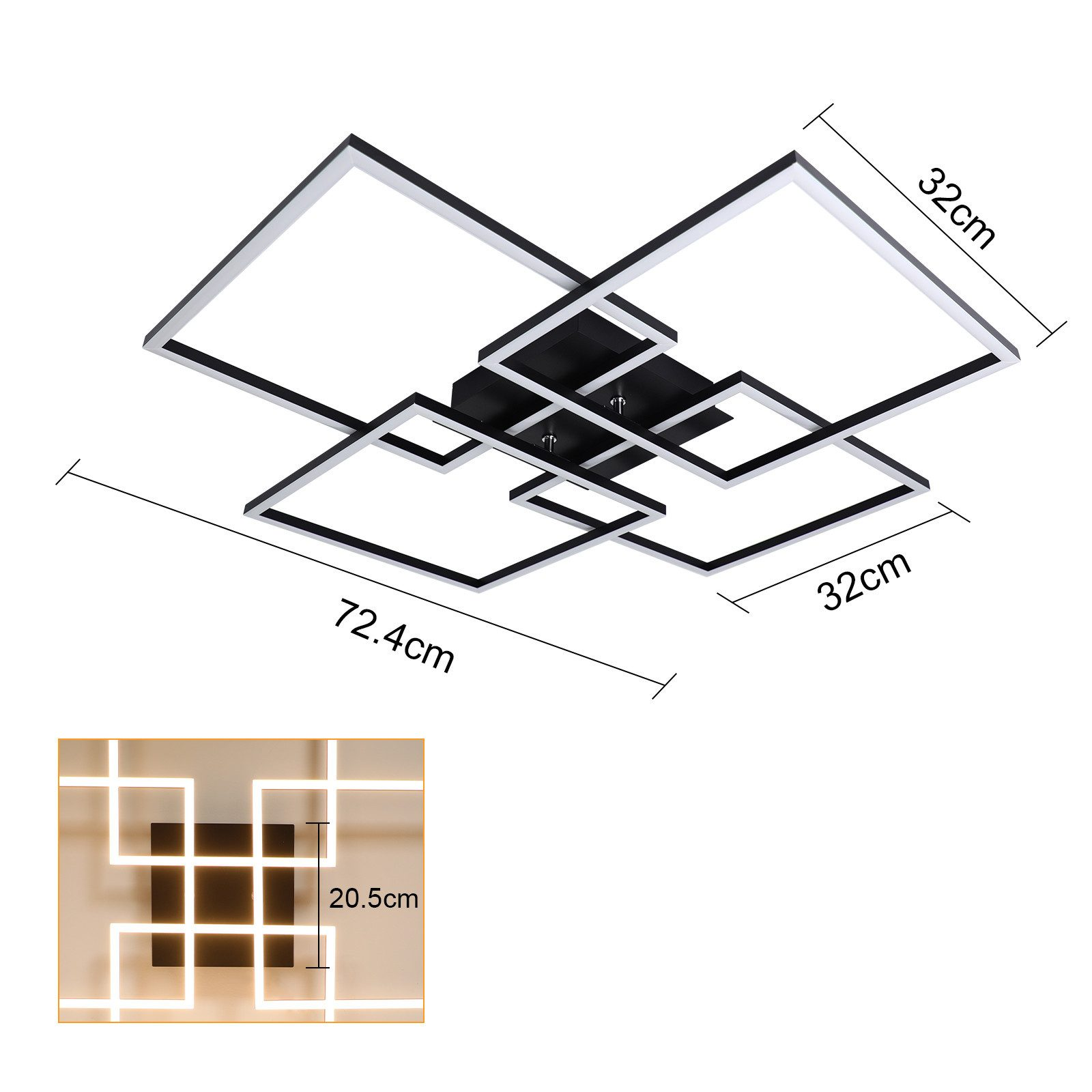 Apparecchio di illuminazione a soffitto con design quadrato, dimensioni indicate in cm.