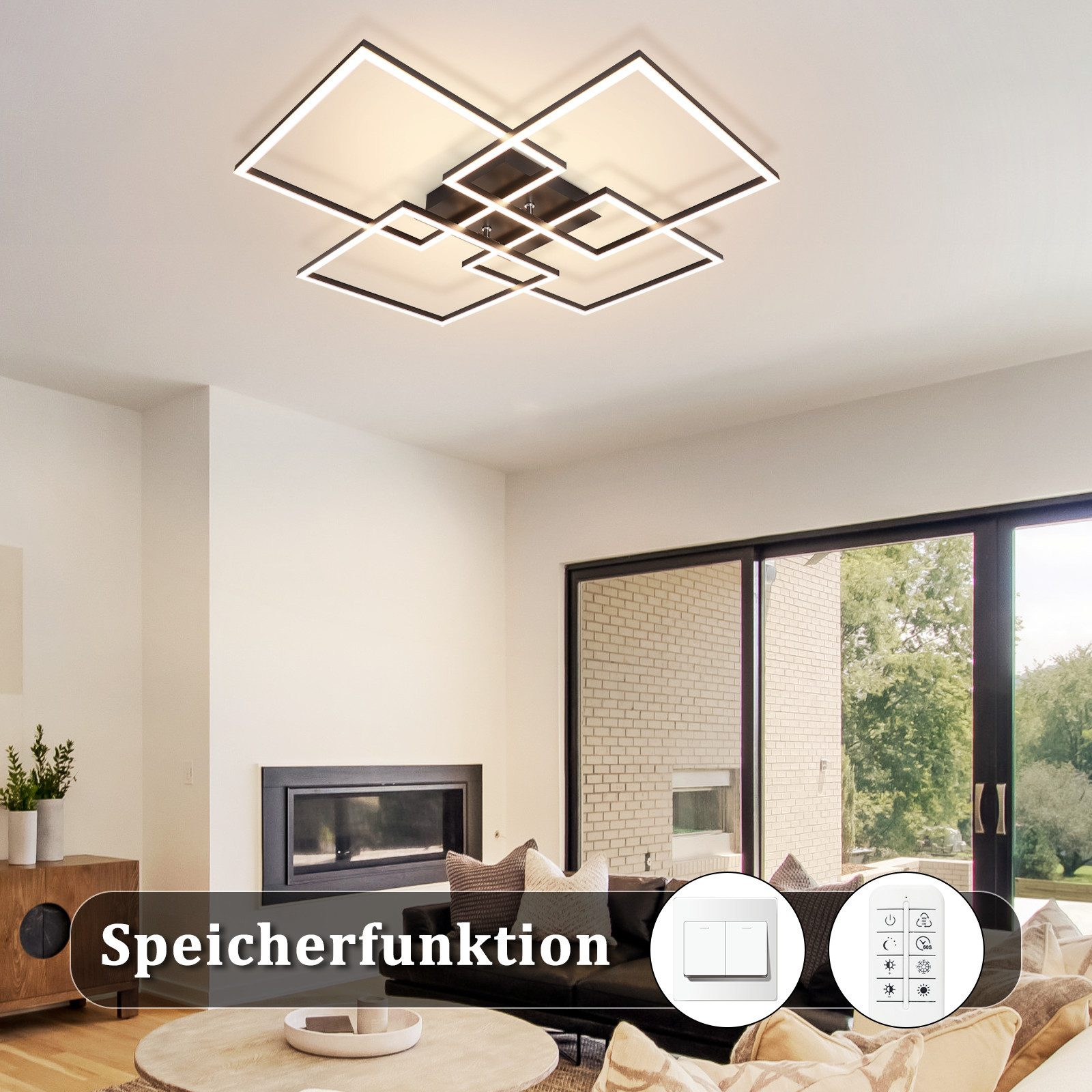 Lampada da soffitto moderna in un soggiorno. La stanza ha un camino, un divano e una grande finestra.