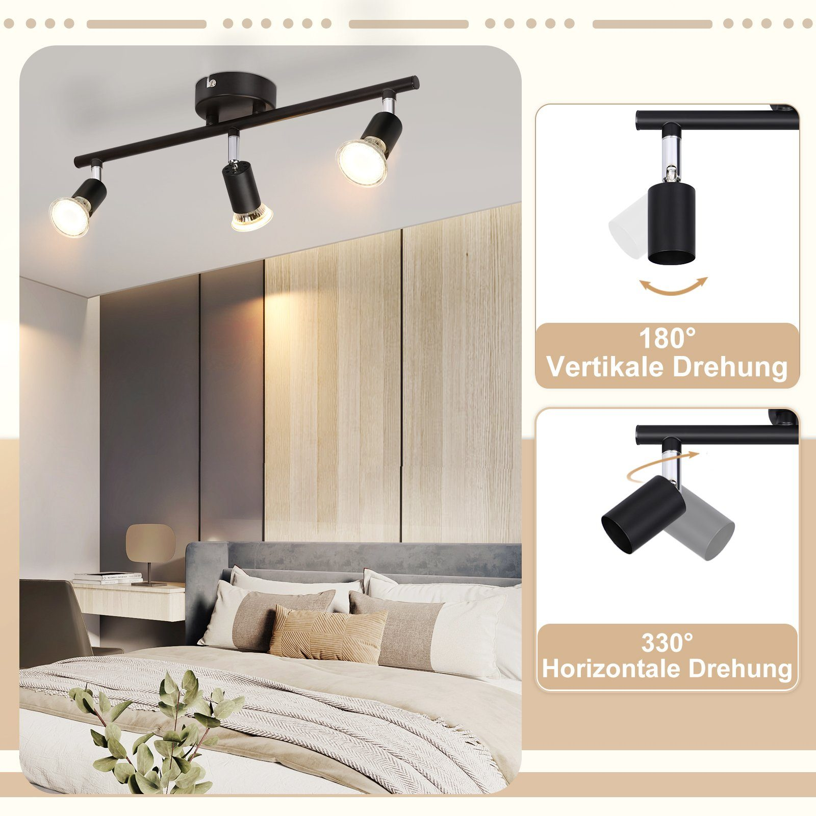 Illuminazione a soffitto con tre faretti neri regolabili, soffitto bianco e camera.