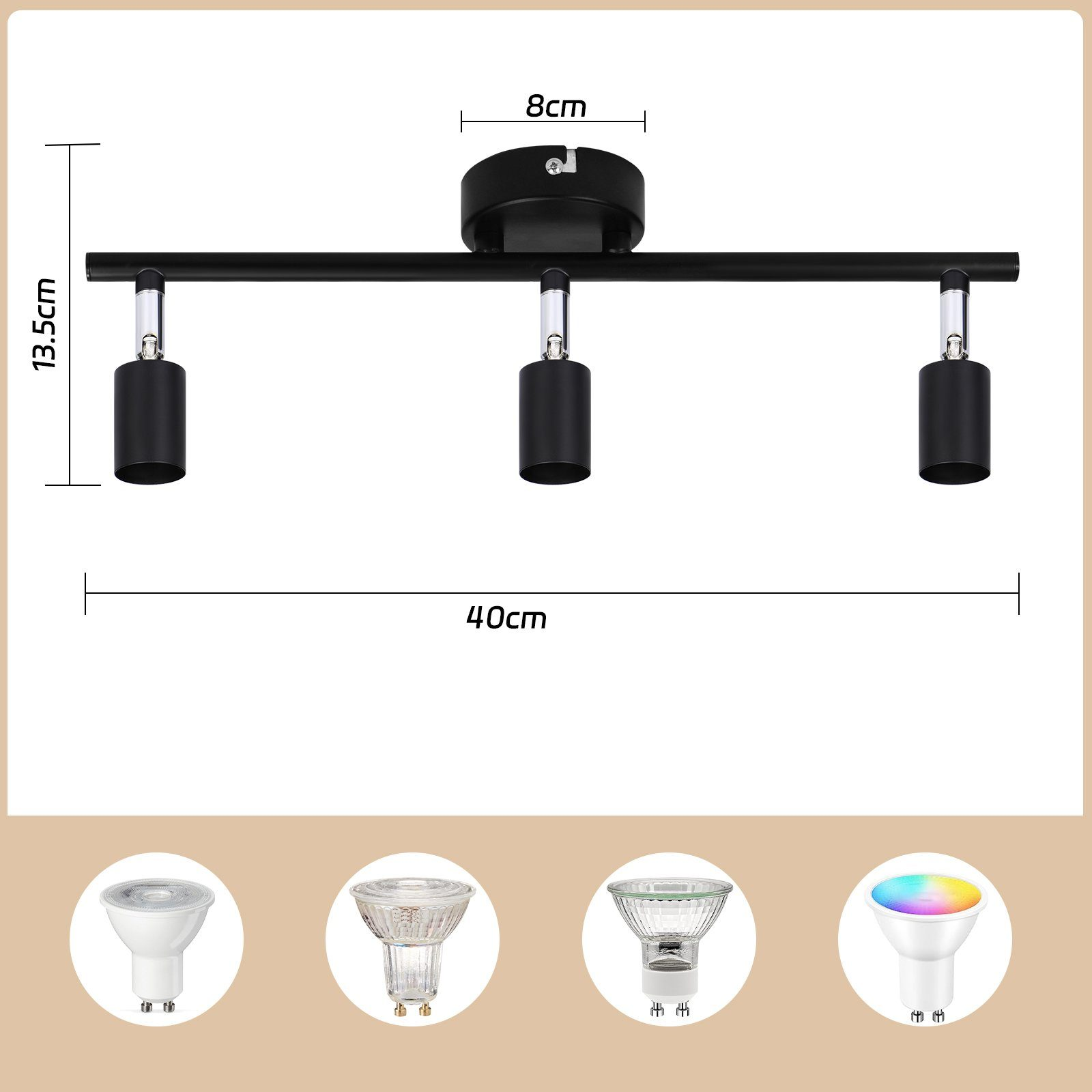 Apparecchio di illuminazione a binario nero con tre faretti regolabili, con misure in centimetri.