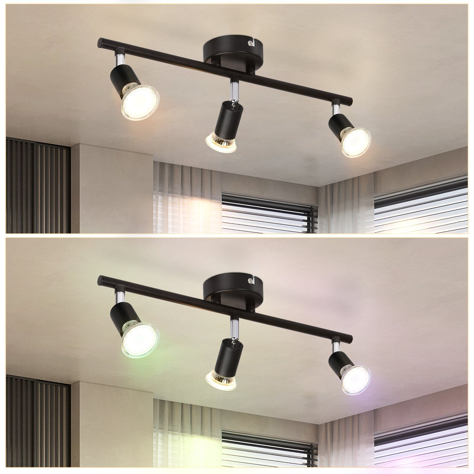 Due faretti da soffitto, mostrati in due stati diversi. Uno è luce bianca, l'altro è multicolore.