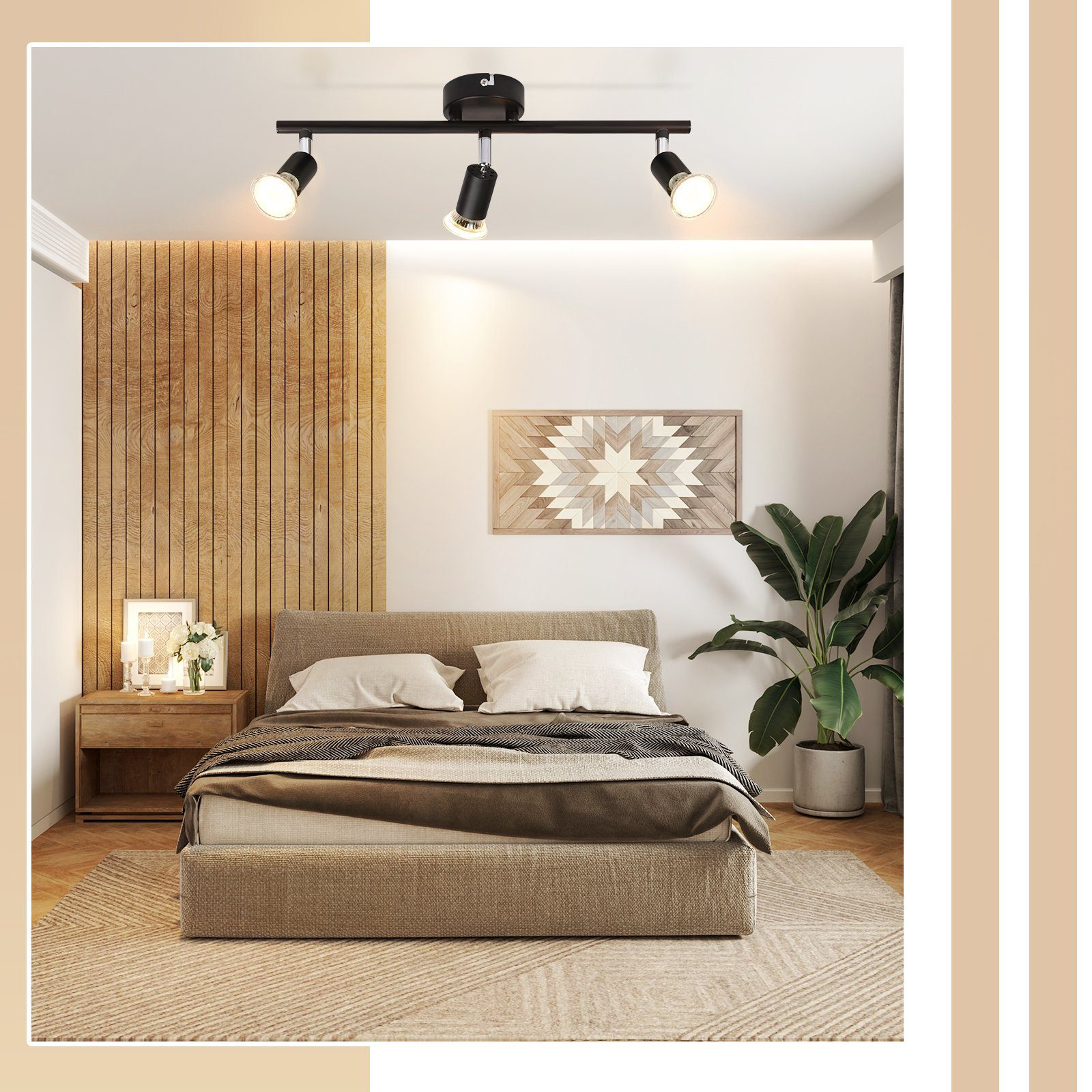 Camera da letto con letto, parete in legno e faretti.