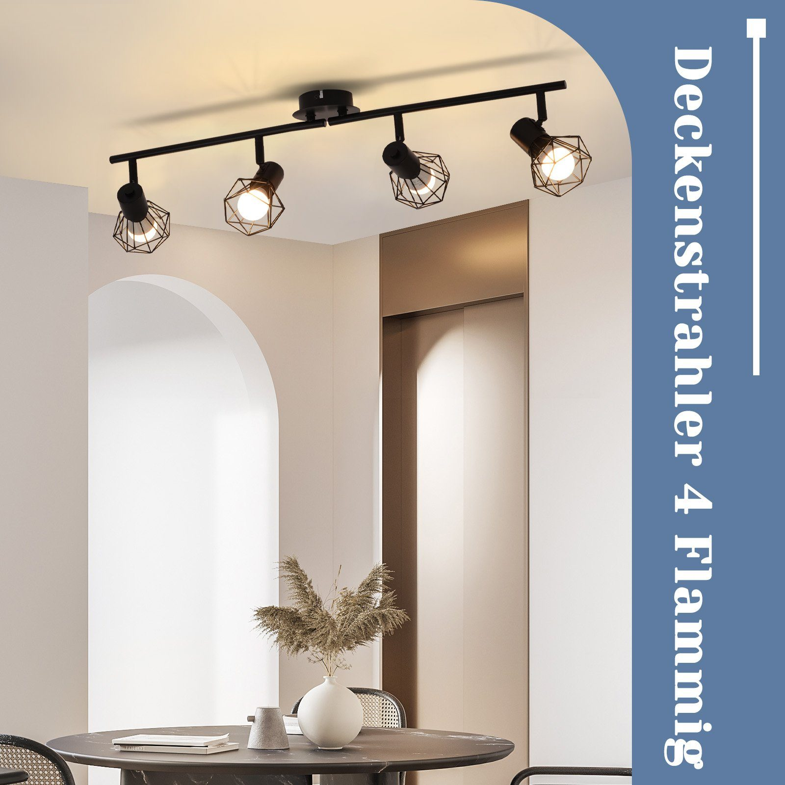 Cztery reflektory sufitowe z konstrukcją z drucianej klatki, w pomieszczeniu.