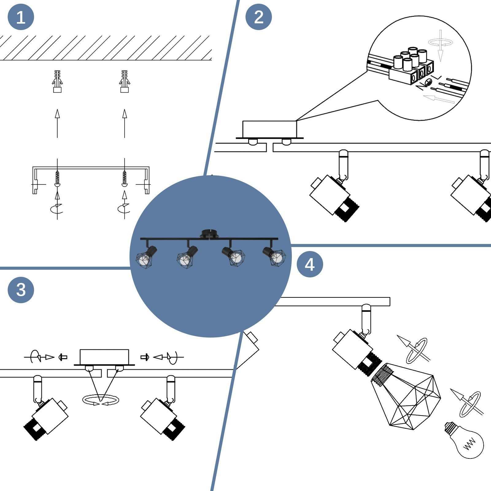 Schemat przedstawiający etapy instalacji systemu oświetlenia szynowego, z czterema ponumerowanymi etapami.