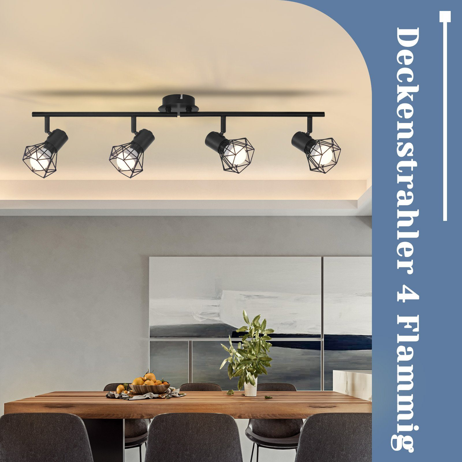 Czarne oświetlenie szynowe z czterema geometrycznymi lampami nad drewnianym stołem.