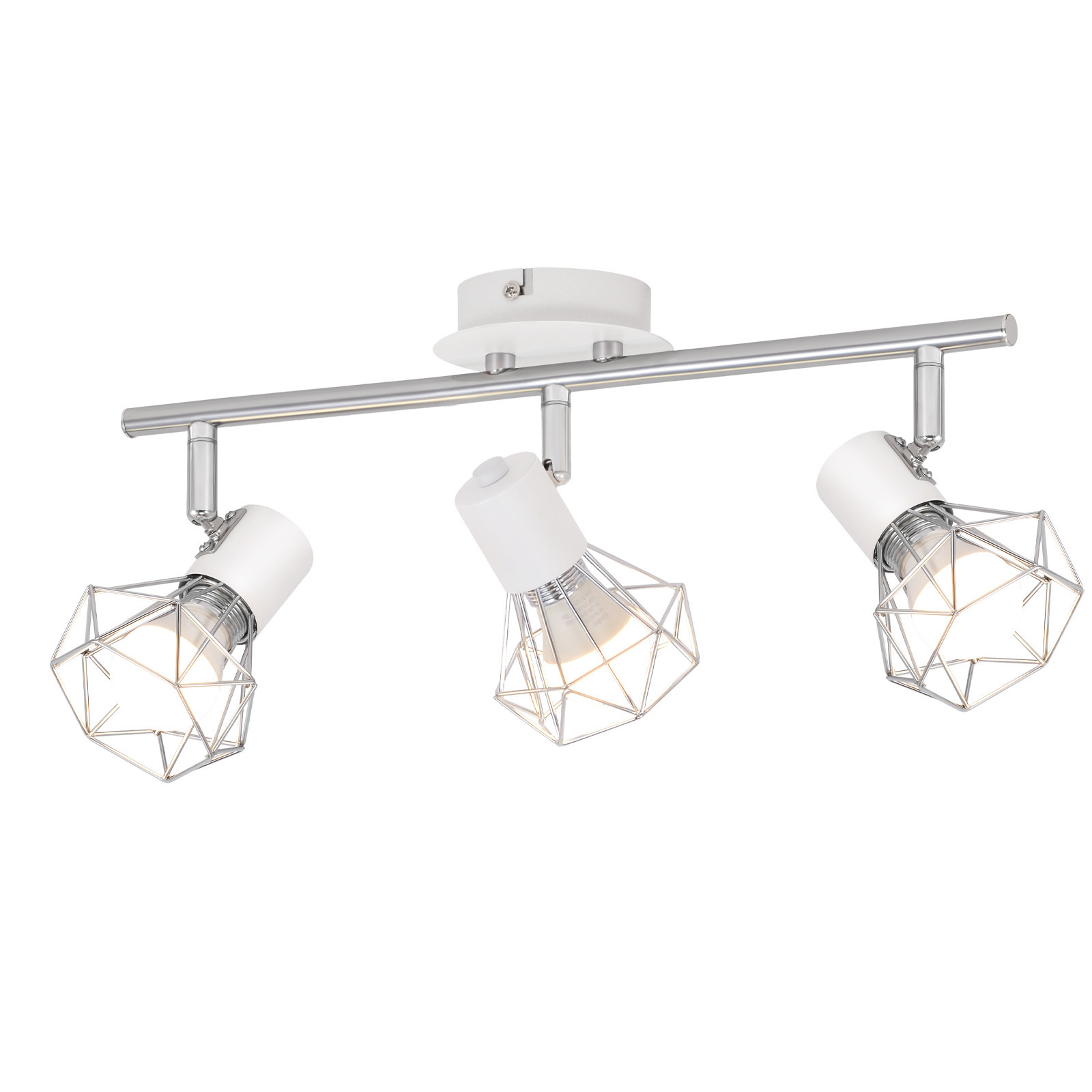 Faretto bianco e argento con tre lampade su sfondo bianco.
