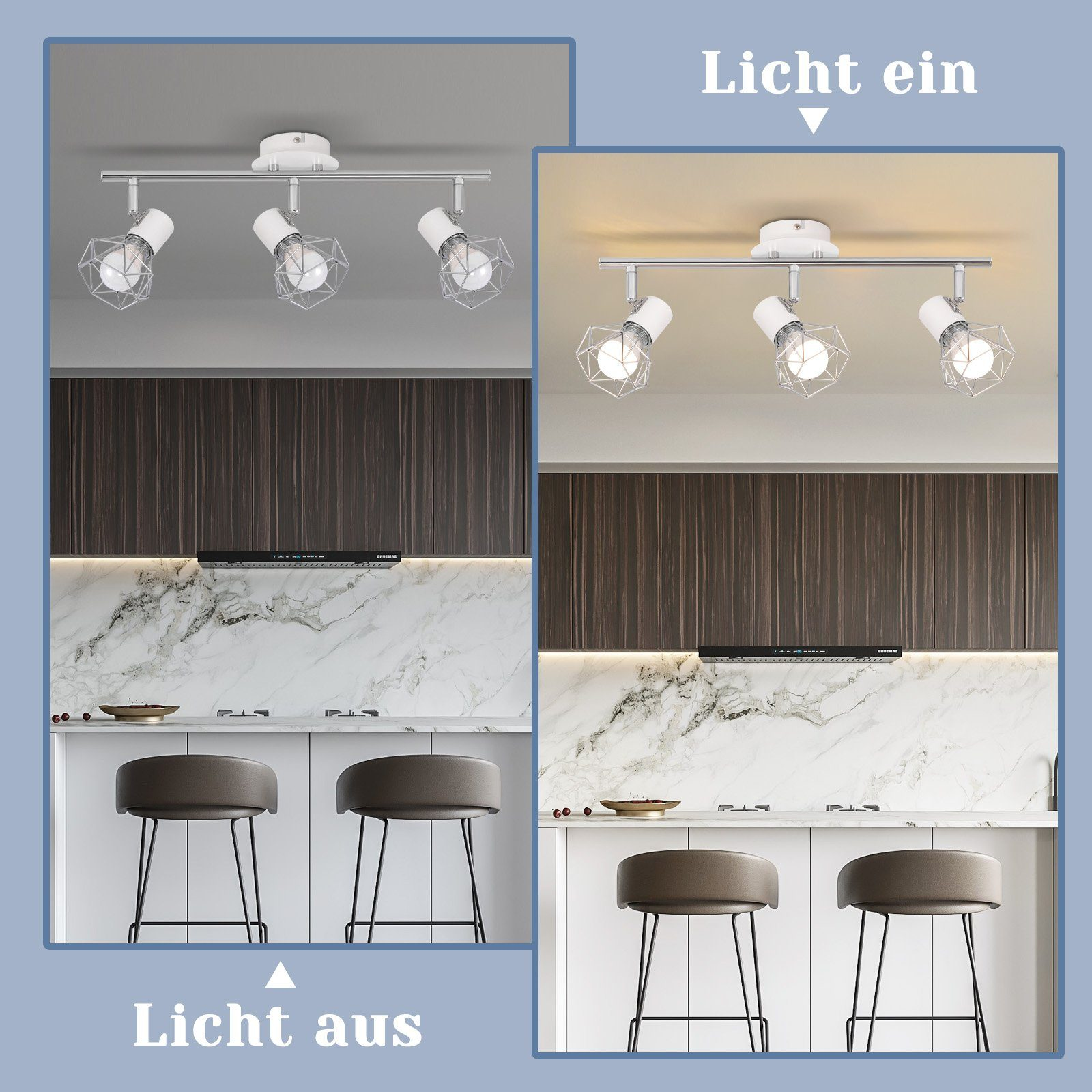 Due immagini: cucina con luci accese/spente. Illuminazione a binario bianca, armadi bianchi.