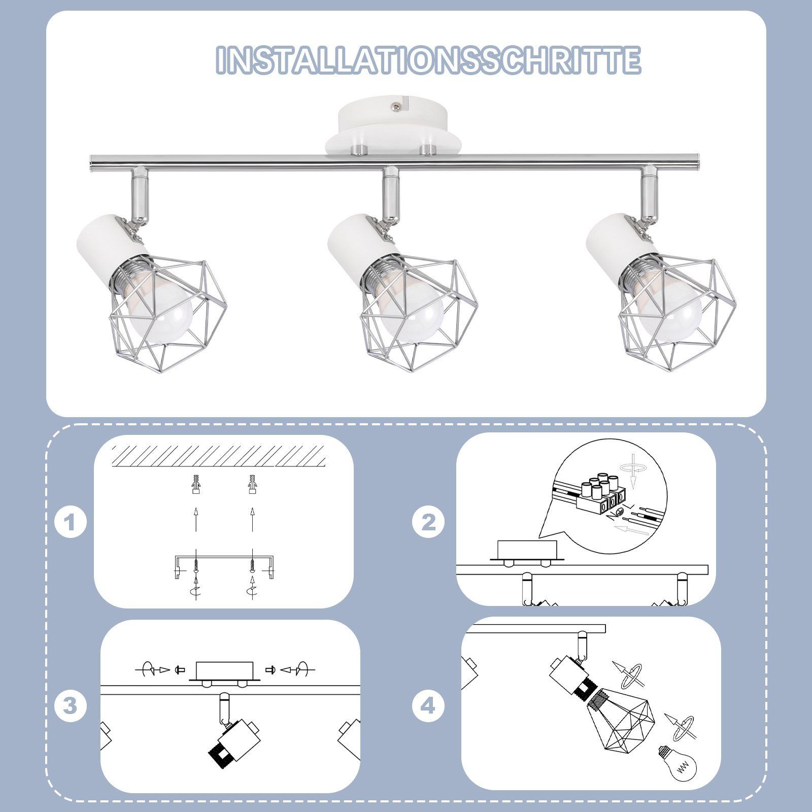Diagramma illustrativo che mostra i passaggi per installare un sistema di illuminazione a binario in quattro fasi.