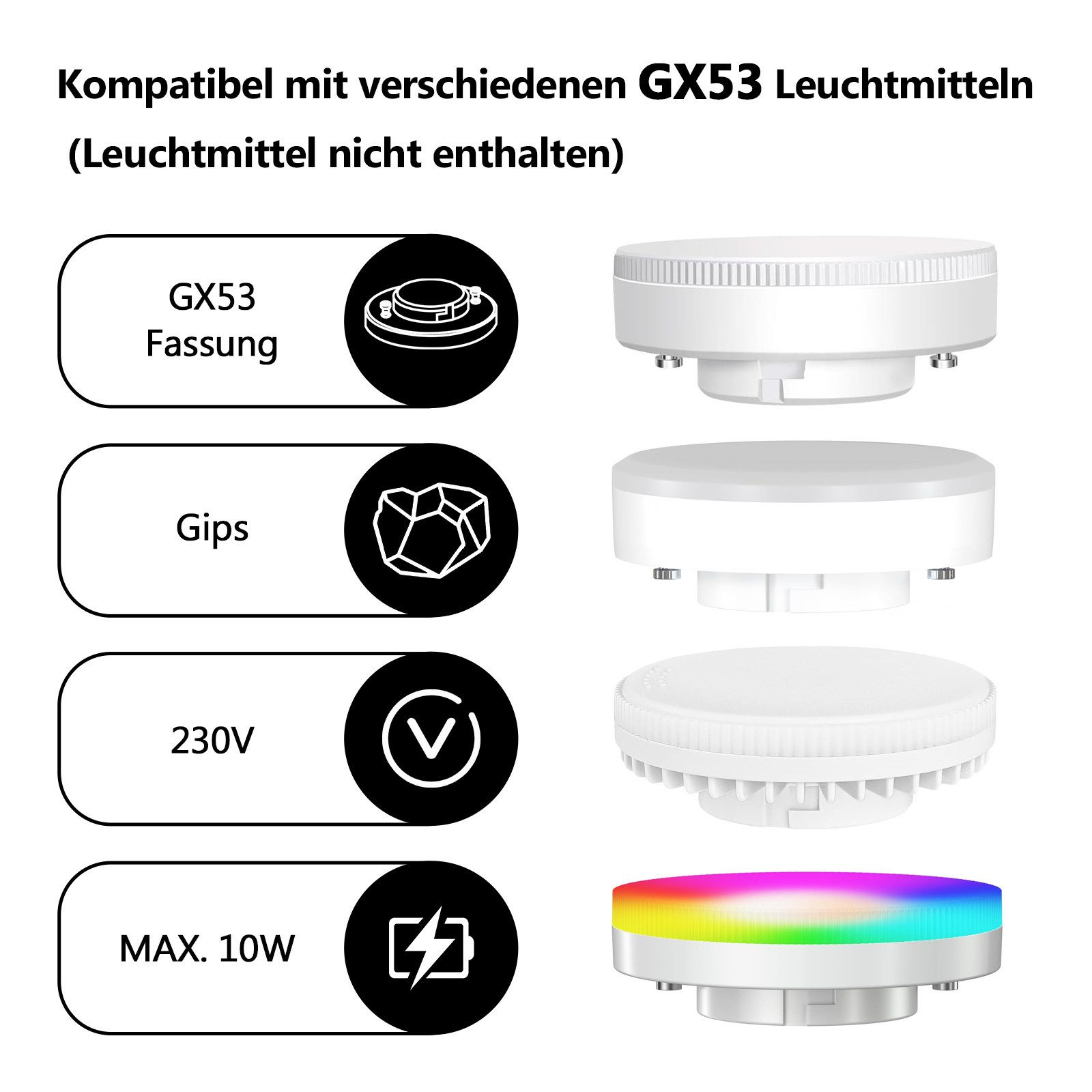 Immagini che illustrano le lampadine e gli apparecchi GX53, mostrando diversi tipi di lampadine e basi.
